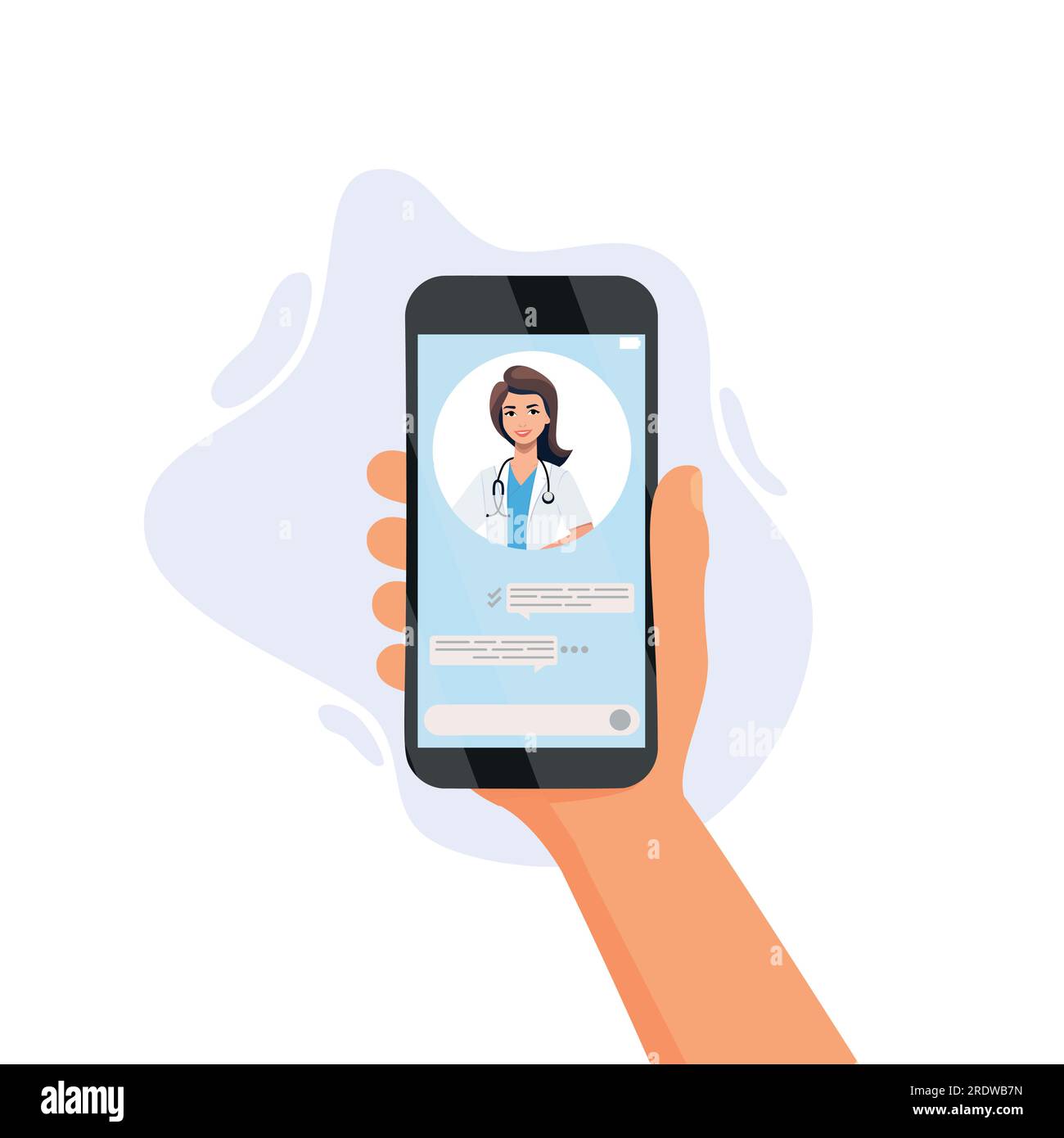 nline medicine concept vector illustration. Cartoon flat human hand holding smartphone with video call to doctor character on screen, using mobile adv Stock Vector