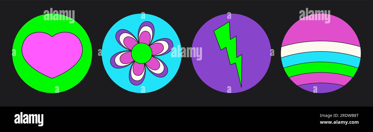 Groovy hippie circle sticker 70s set. Funny cartoon bright neon colors - flower, love, rainbow, peace, heart, daisy, mushroom, eye. Psychedelic pack Stock Vector