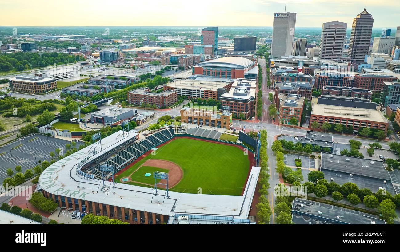 Hb Baseball Aerial over Huntington Park baseball diamond early dawn empty streets ...