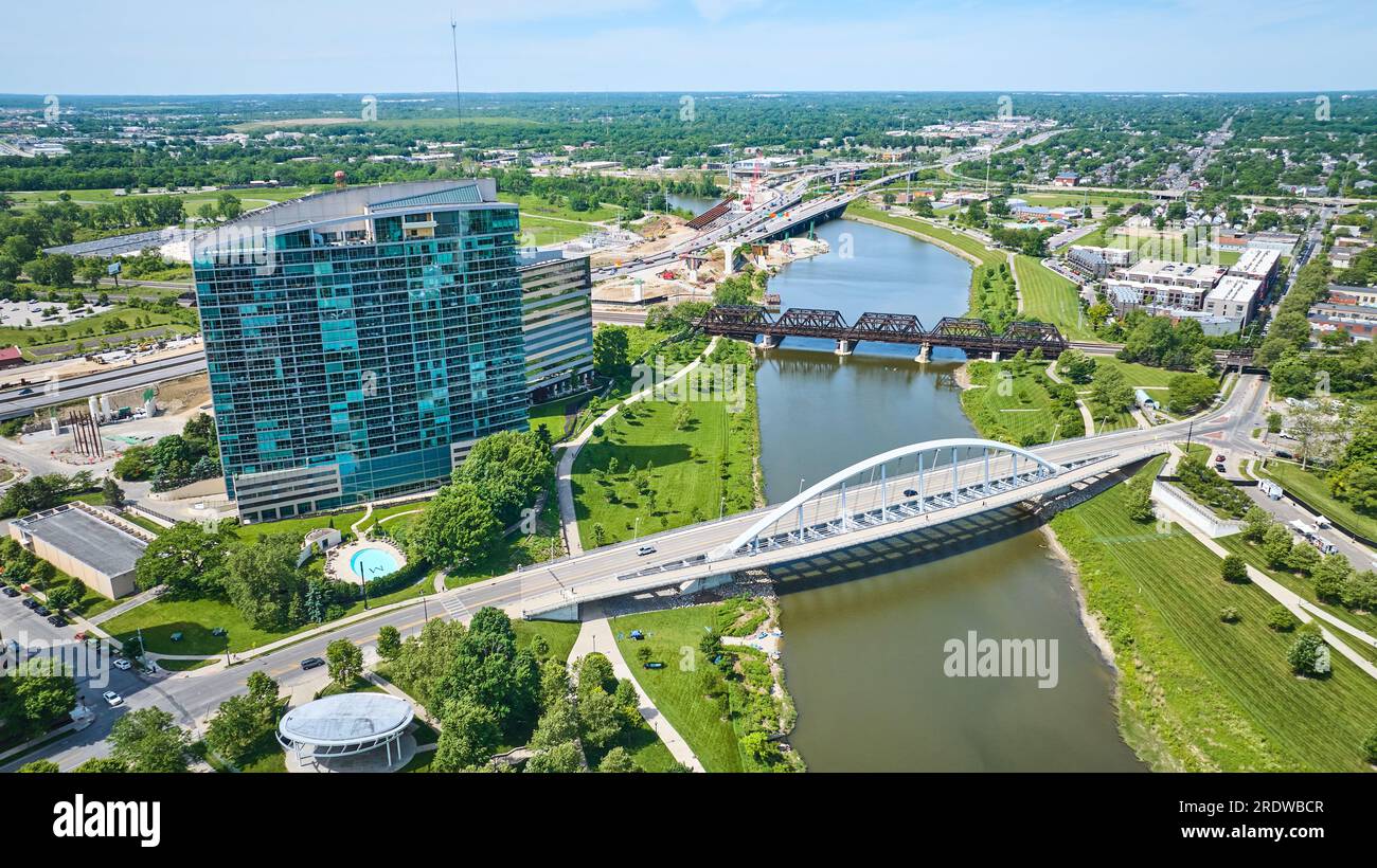Outskirts of downtown Columbus Ohio with multiple bridges crossing Scioto River aerial Stock Photo