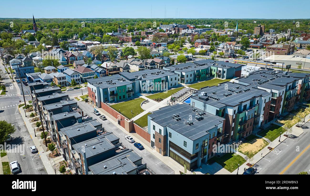 Condos downtown Fort Wayne pool courtyard enclosure cityscape housing