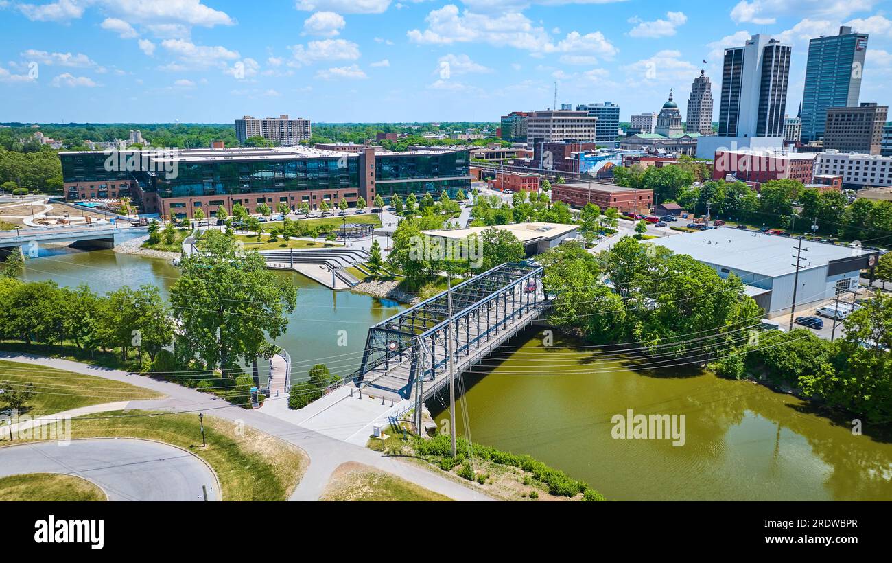 Aerial downtown Fort Wayne Wells Street Bridge with skyscrapers and