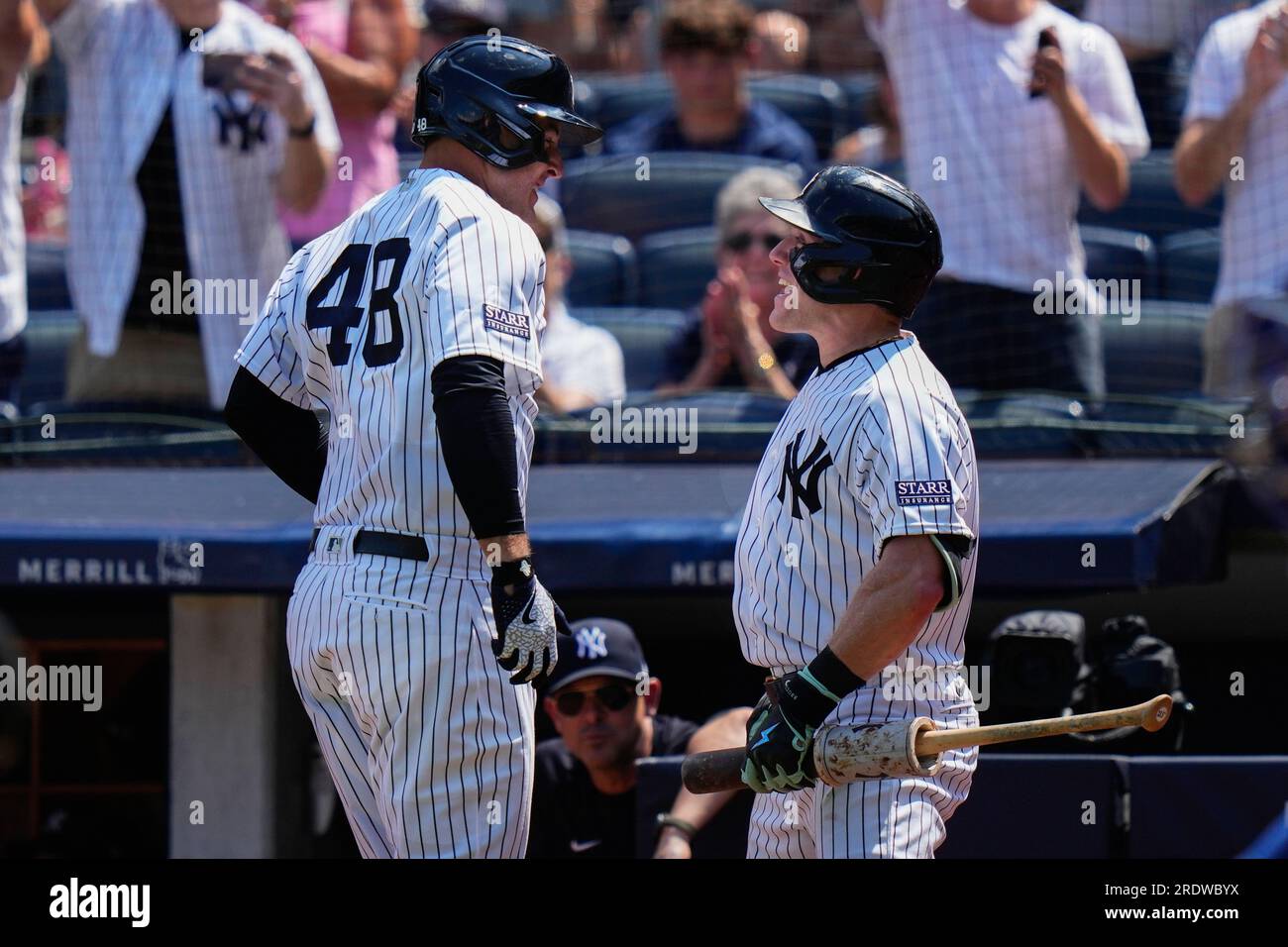 New York Yankees' Harrison Bader, front left, celebrates with teammates  after a baseball game against the Kansas City Royals, Sunday, July 23, 2023,  in New York. (AP Photo/Frank Franklin II Stock Photo 