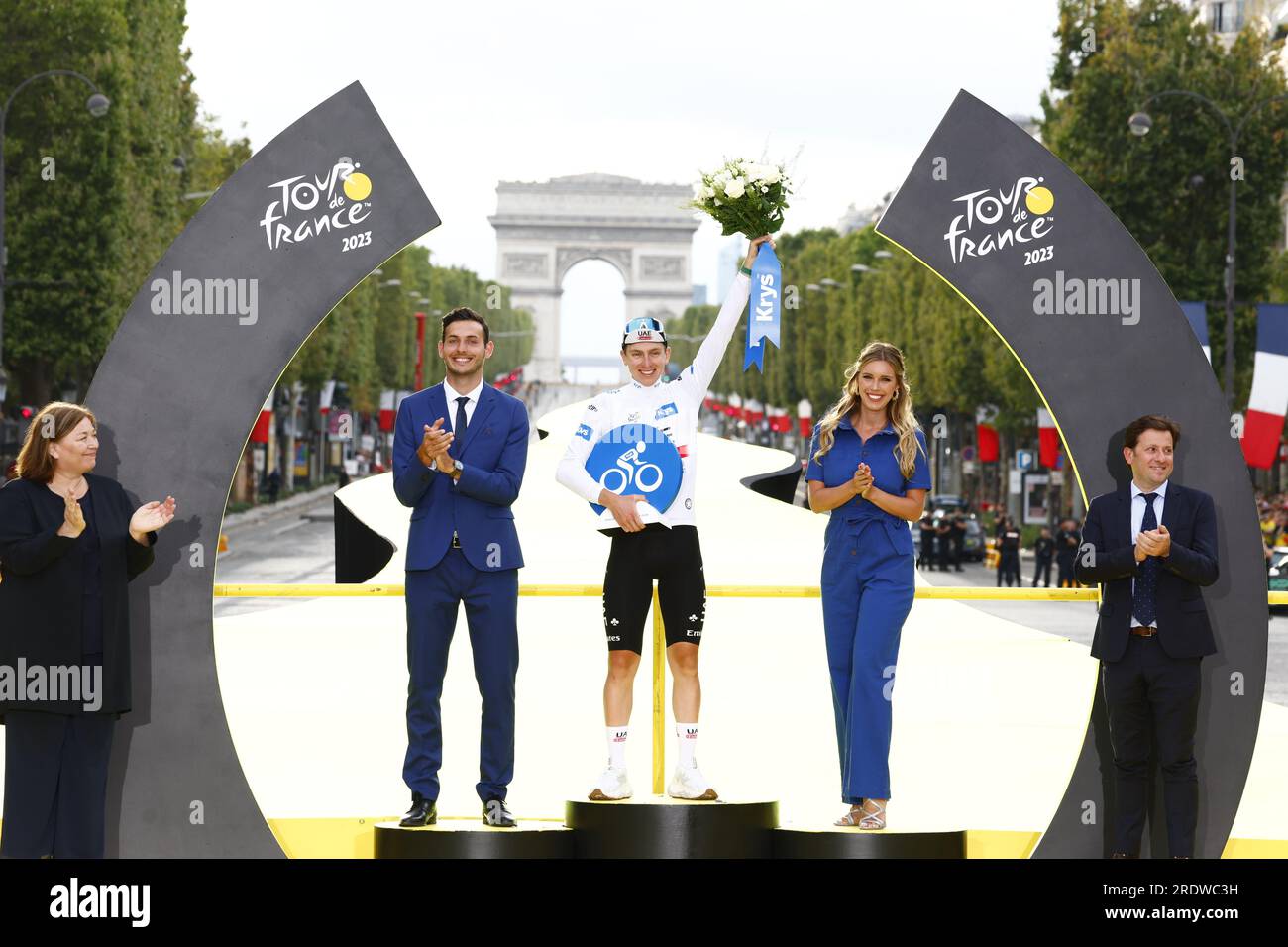 Paris, France. 23rd July, 2023. Slovenian Tadej Pogacar of UAE Team Emirates, in the white jersey of best youth rider pictured during the podium ceremony after the 21st and last stage of the Tour de France cycling race, from Saint-Quentin-en-Yvelines to Paris, France, Sunday 23 July 2023. This year's Tour de France takes place from 01 to 23 July 2023. BELGA PHOTO POOL ETIENNE GARNIER Credit: Belga News Agency/Alamy Live News Stock Photo