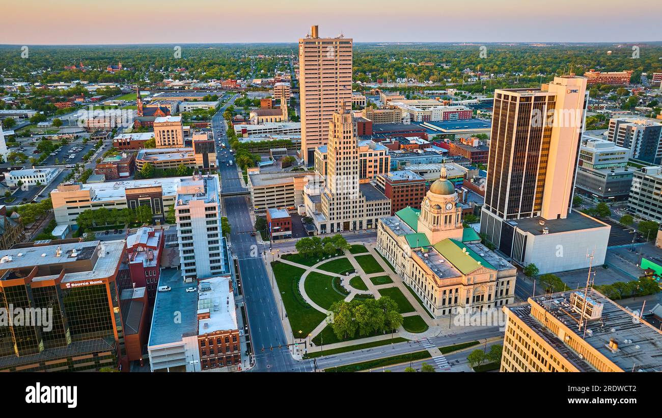 Architecture courthouse green lawn Fort Wayne IN aerial sunrise pink ...