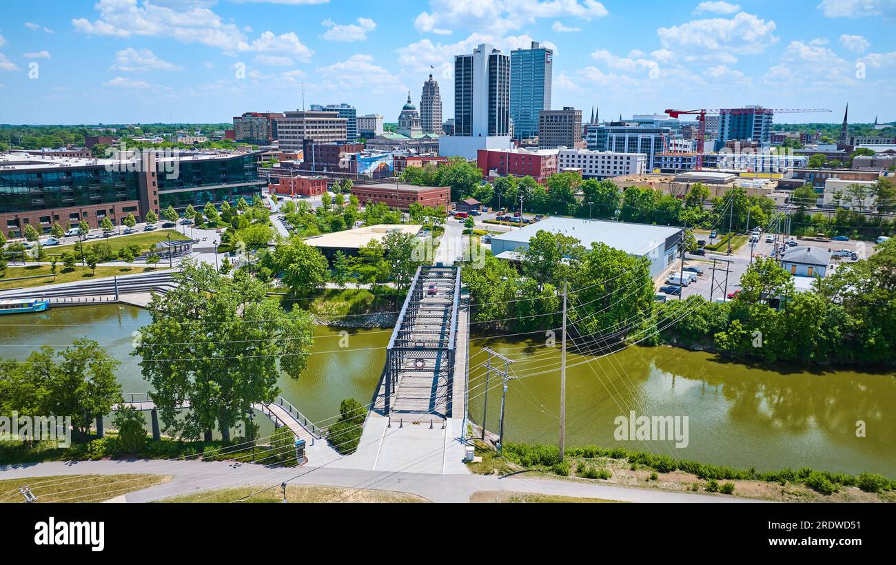 Aerial Downtown Fort Wayne Wells Street Bridge with walking path to