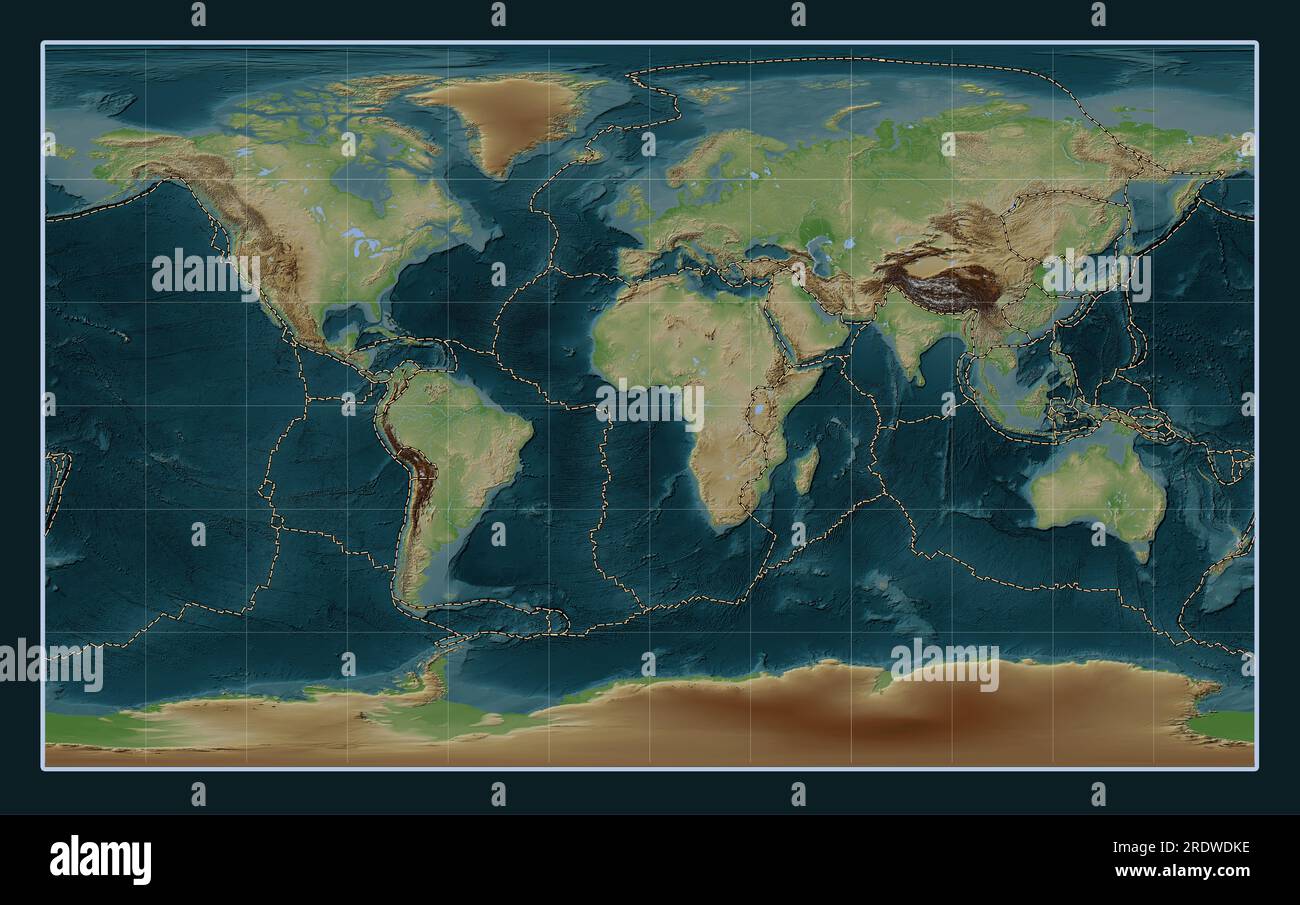 Tectonic plate boundaries on the world wiki style elevation map in the ...