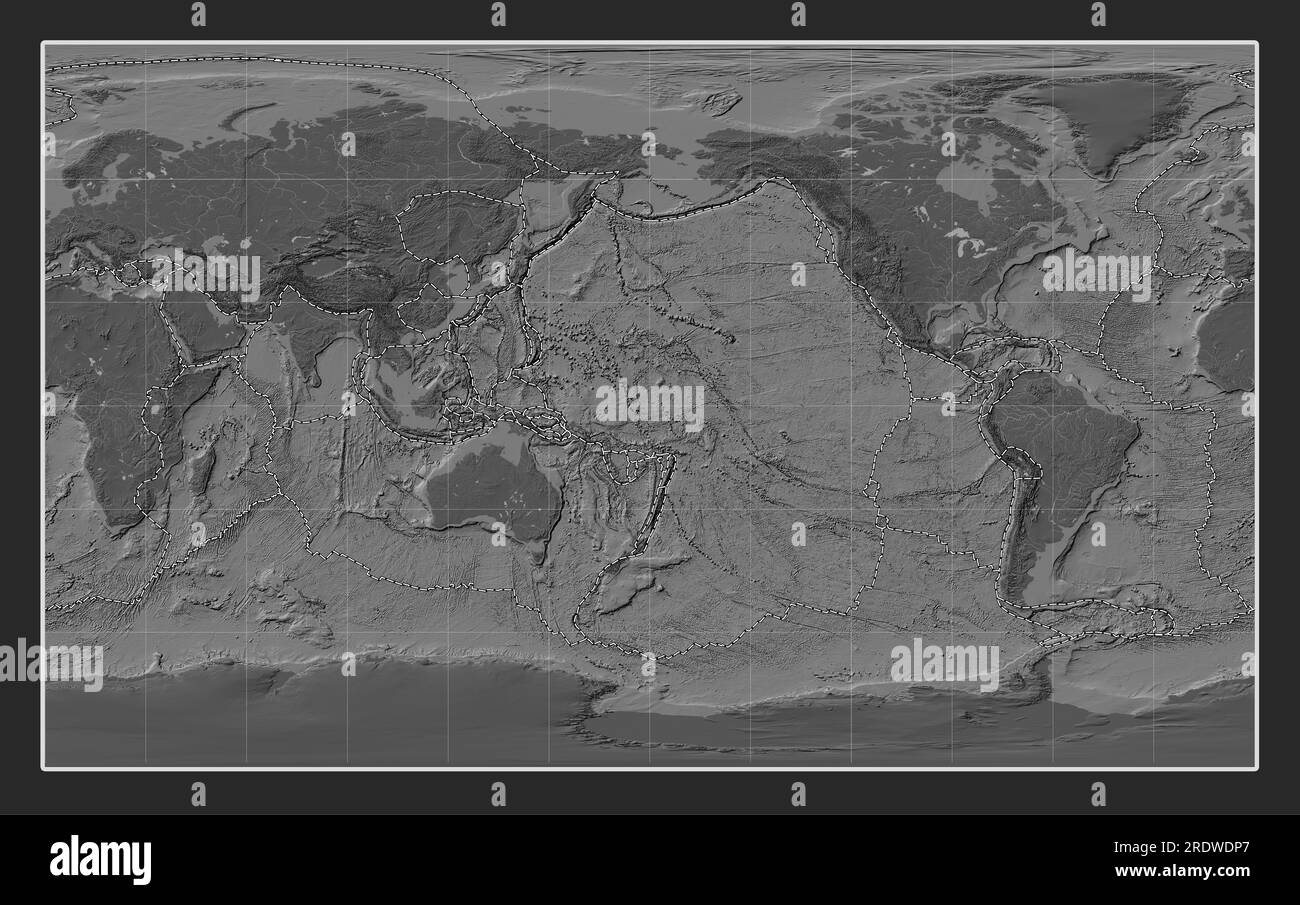 Tectonic plate boundaries on the world bilevel elevation map in the