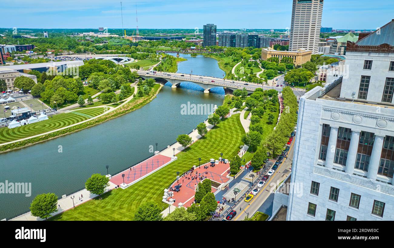 Aerial river greenway and Scioto Mile Promenade wide drone shot Columbus Ohio Stock Photo