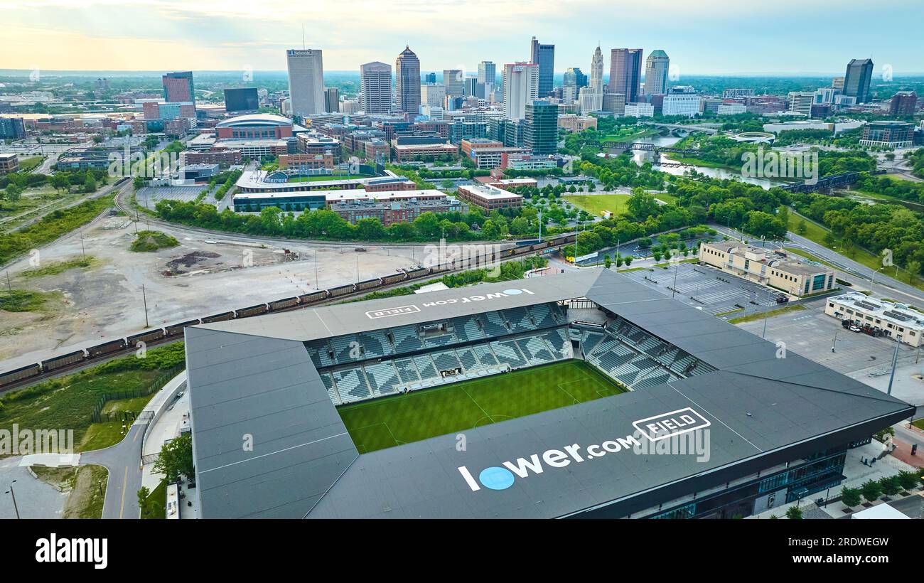 Aerial downtown Columbus Ohio skyline with focus on Field