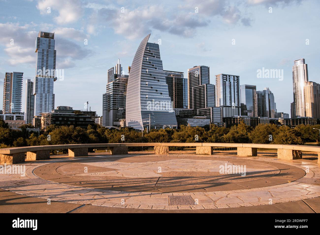 Downtown Austin Texas Skyline from Doug Sahm Hill Summit at Auditorium Shores Town Lake Metropolitan Park Stock Photo