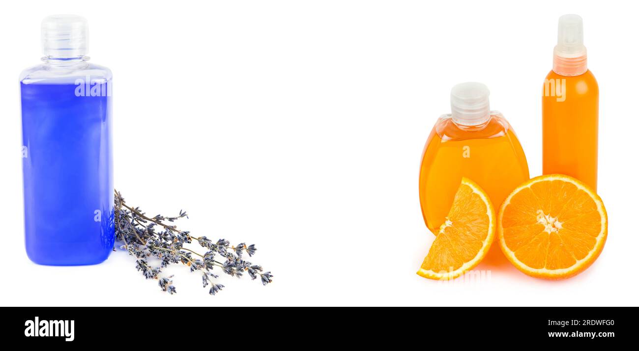 Lotions, shampoos and suntan oils isolated on white background. Free