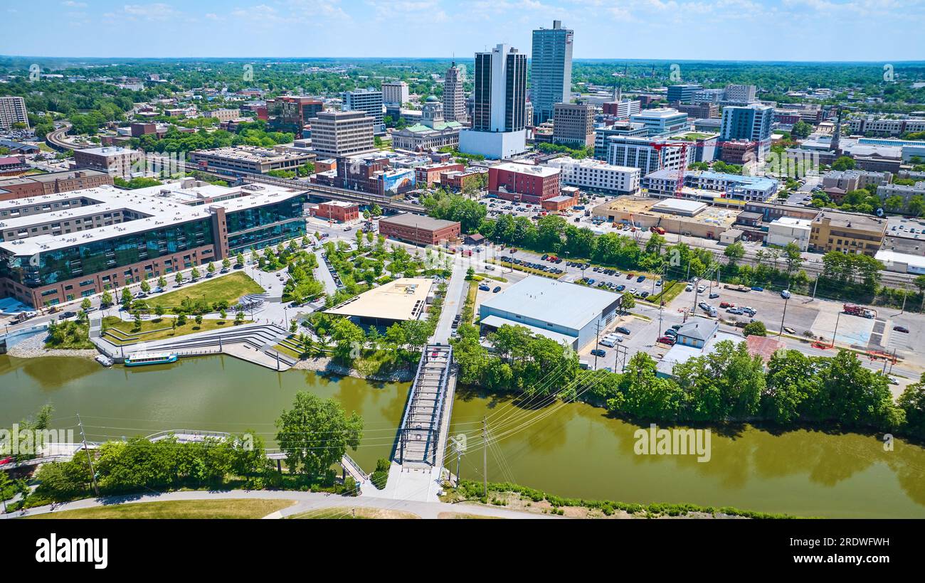 Aerial downtown Fort Wayne Wells St. Bridge to The Landing at Promenade