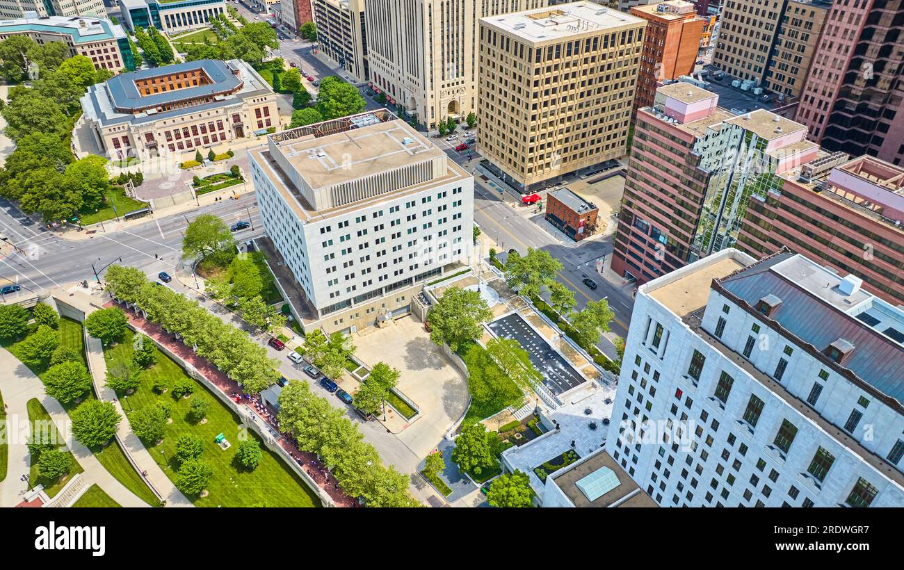 Aerial of unique fountain with words in Columbus Ohio wide view with