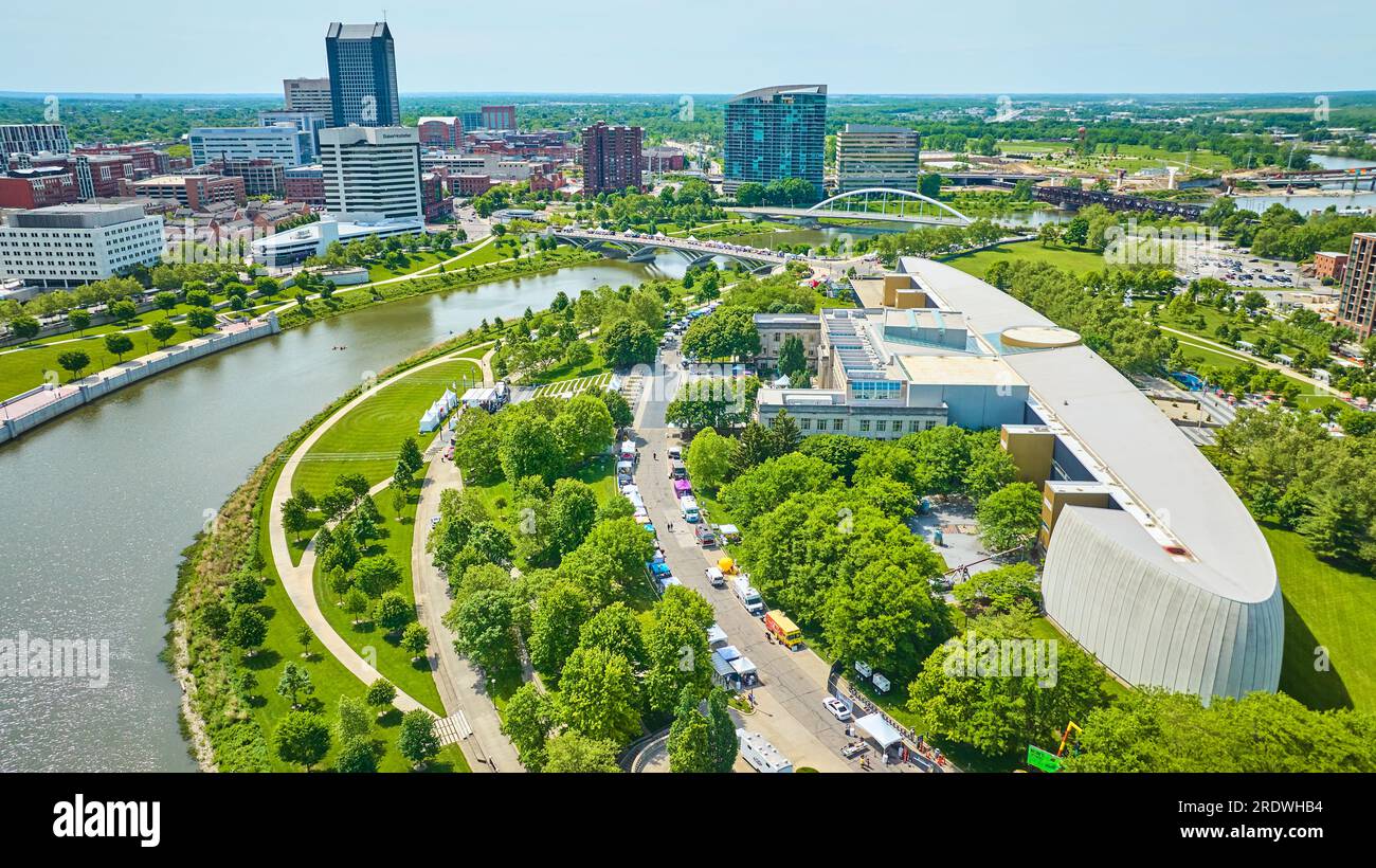 Aerial Center of Science and Industry with Columbus Ohio city and Scioto River Stock Photo