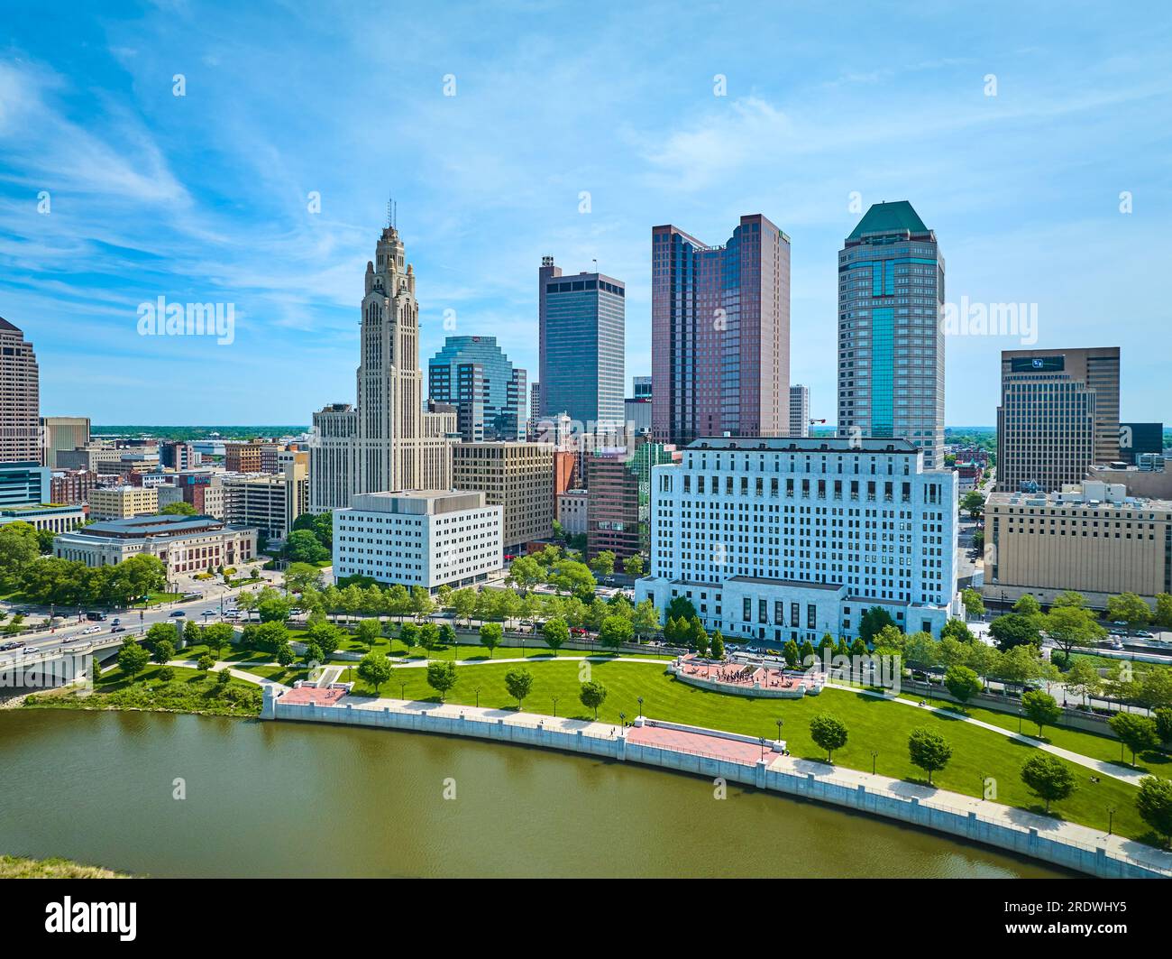 Columbus Ohio downtown aerial in summer with skyscrapers and main