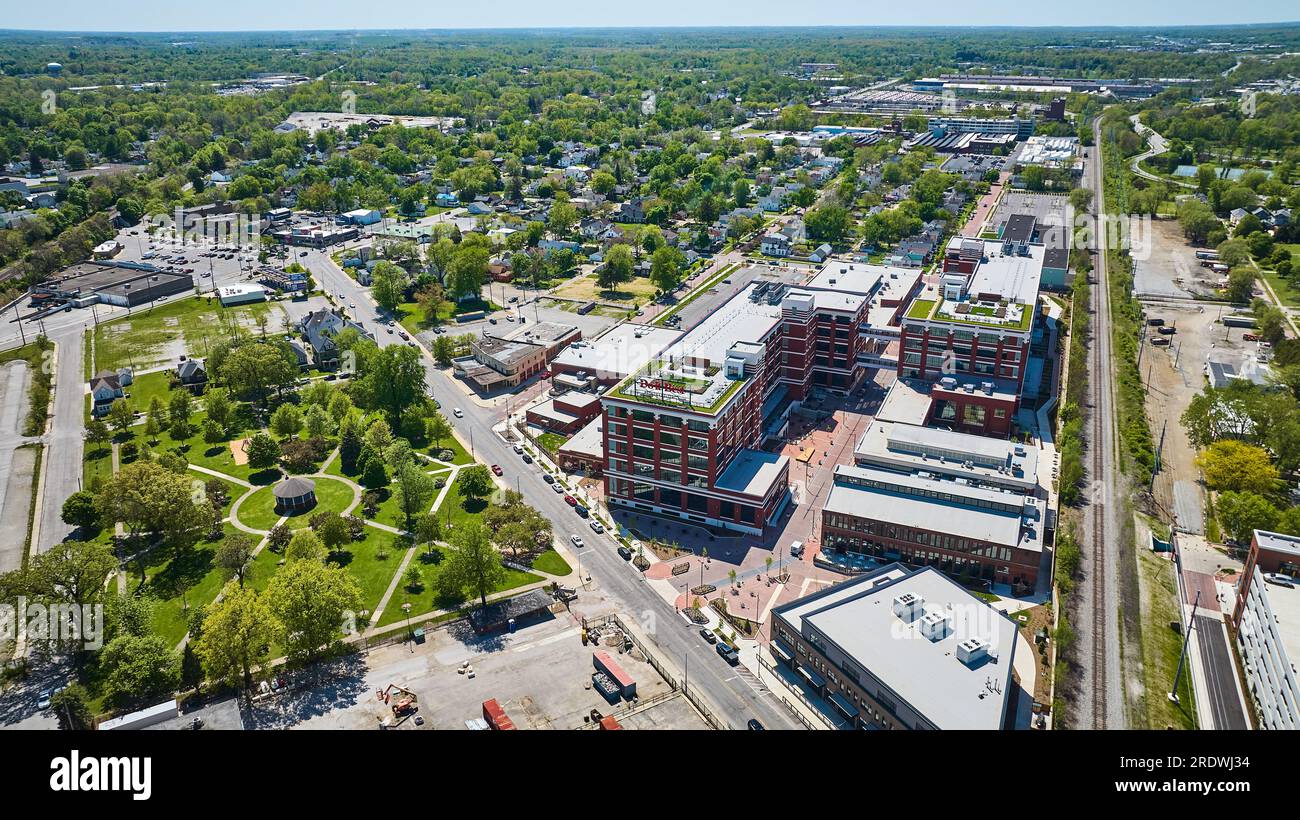 Downtown Fort Wayne Electric Works GE building rooftop greenery aerial