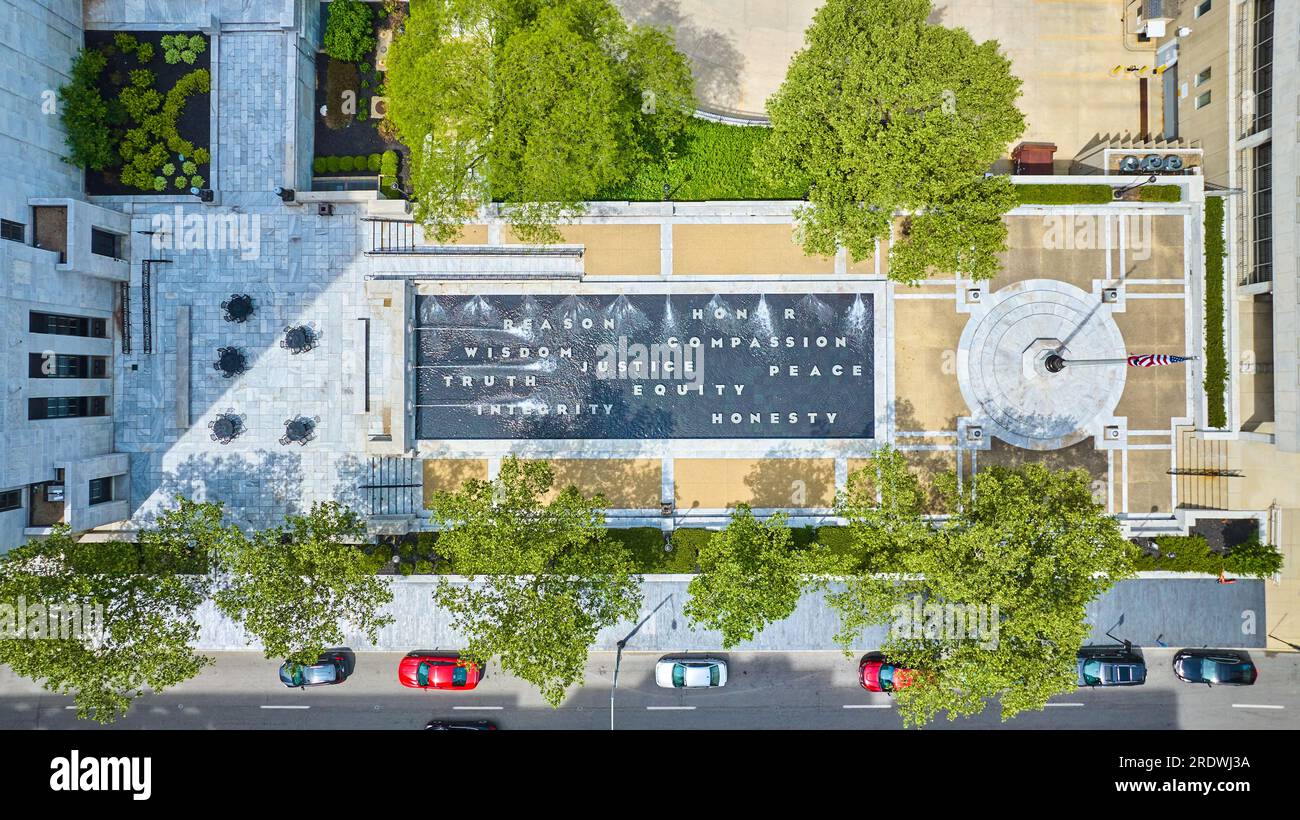Aerial view overhead fountain in Columbus Ohio with integrity and honor