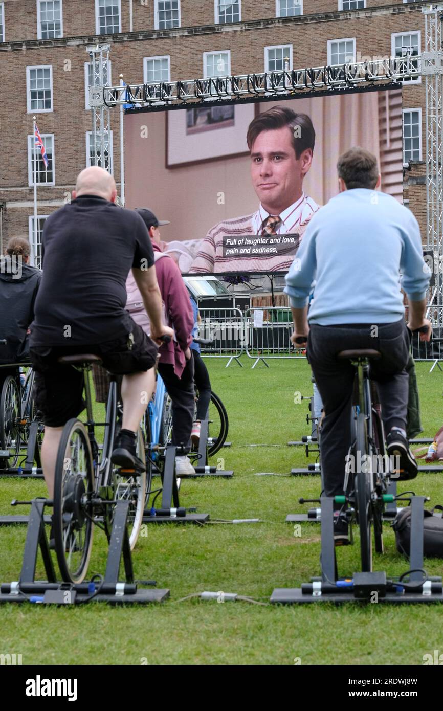 Bristol, UK. 23rd July, 2023. Bristol Cycle Cinema present films on College Green powered by bicycles. Sunday nights presentation is The Truman Show by Peter Weir. Credit: JMF News/Alamy Live News Stock Photo