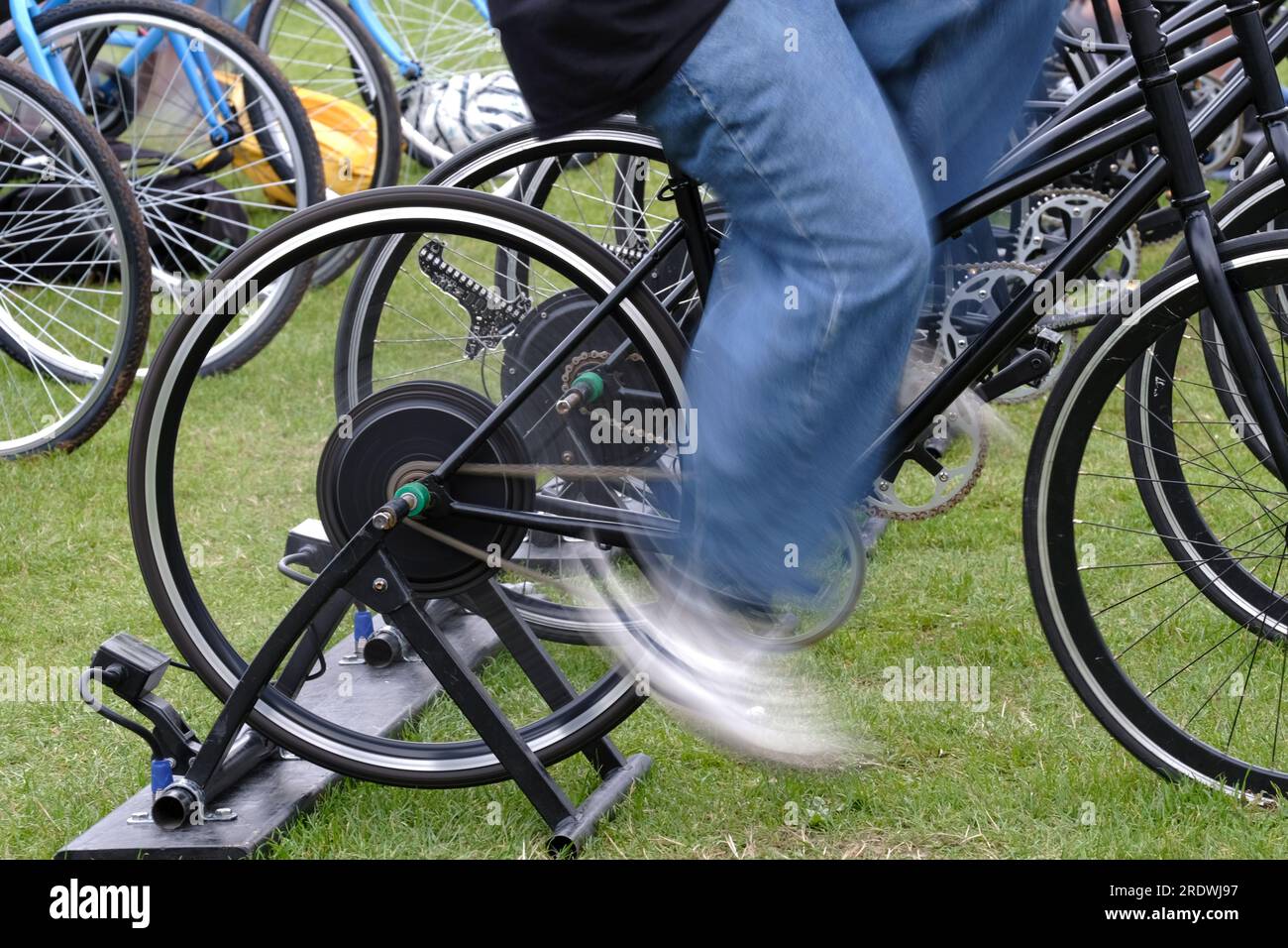 Bristol, UK. 23rd July, 2023. Bristol Cycle Cinema present films on College Green powered by bicycles. Sunday nights presentation is The Truman Show by Peter Weir. Credit: JMF News/Alamy Live News Stock Photo