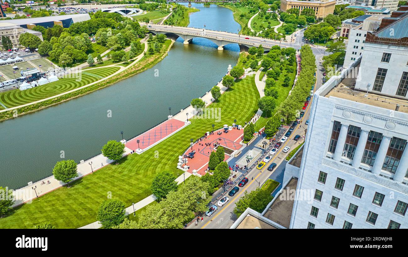 Scioto Mile Promenade next to Scioto River in Columbus Ohio aerial with greenway Stock Photo