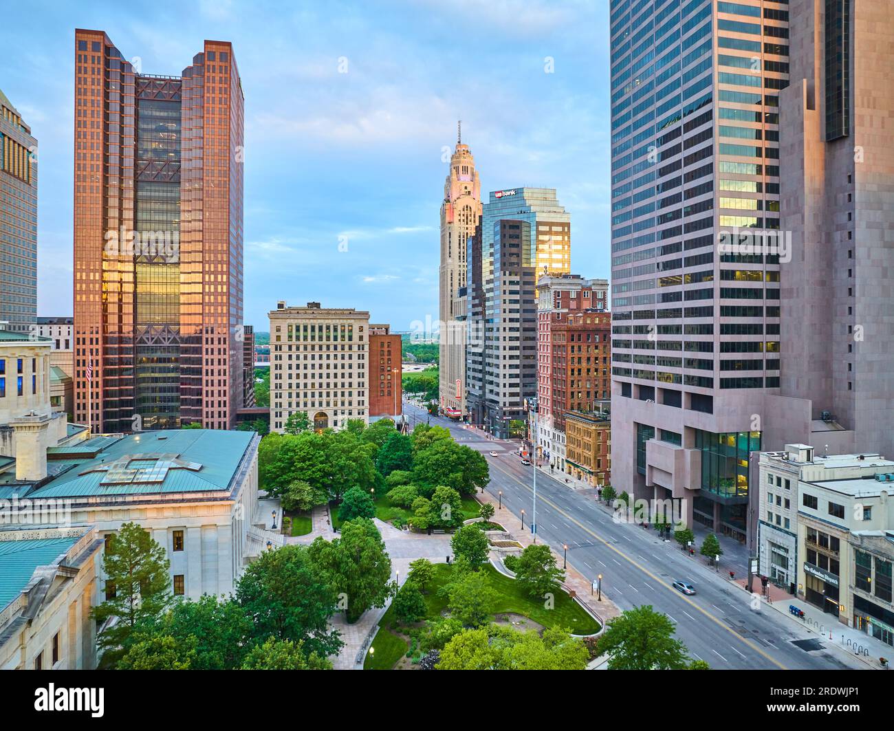 Aerial shot down street with Huntington Tower leading to LeVeque Tower