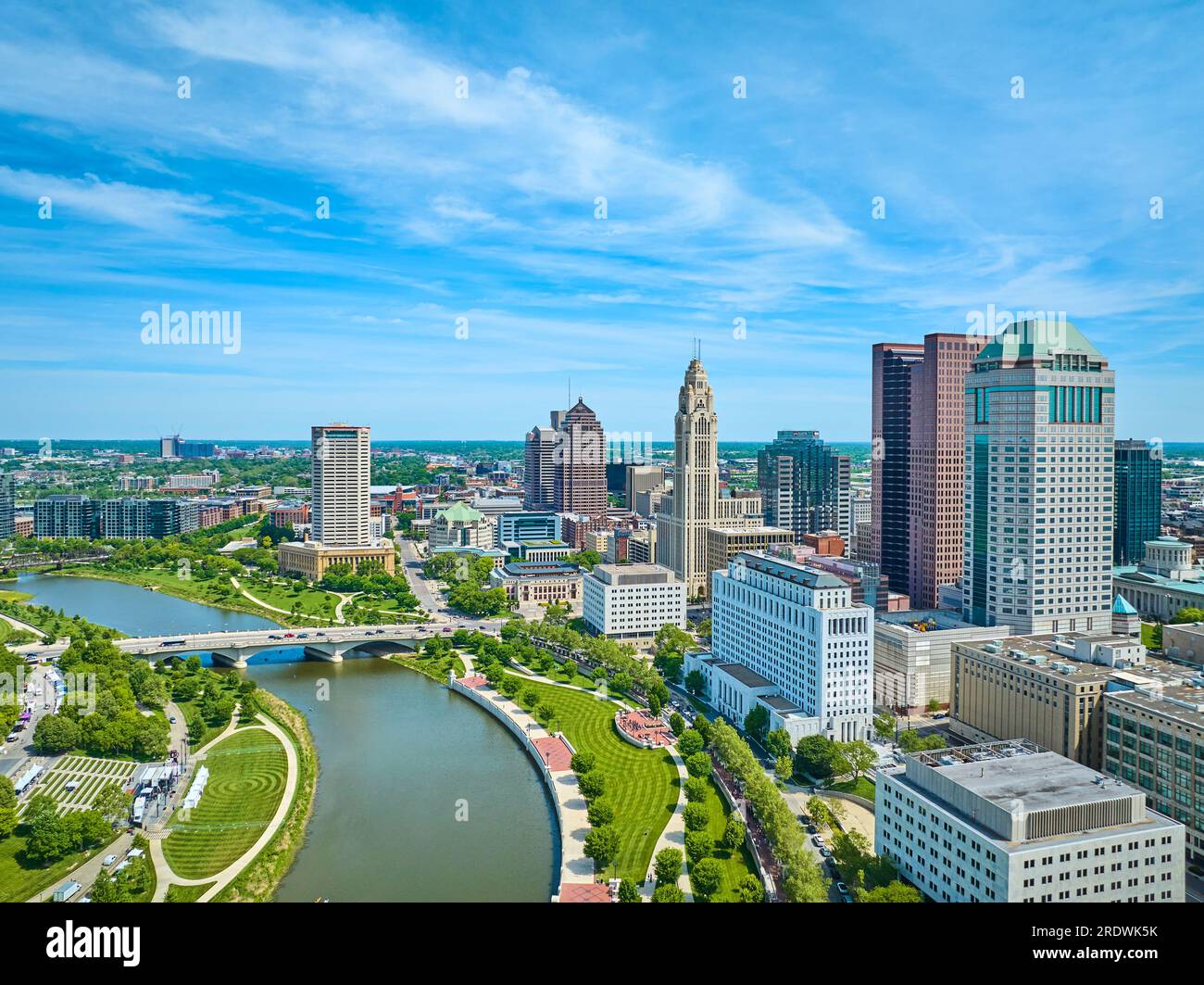 Aerial Columbus Ohio with river greenway and promenade next to downtown buildings Stock Photo