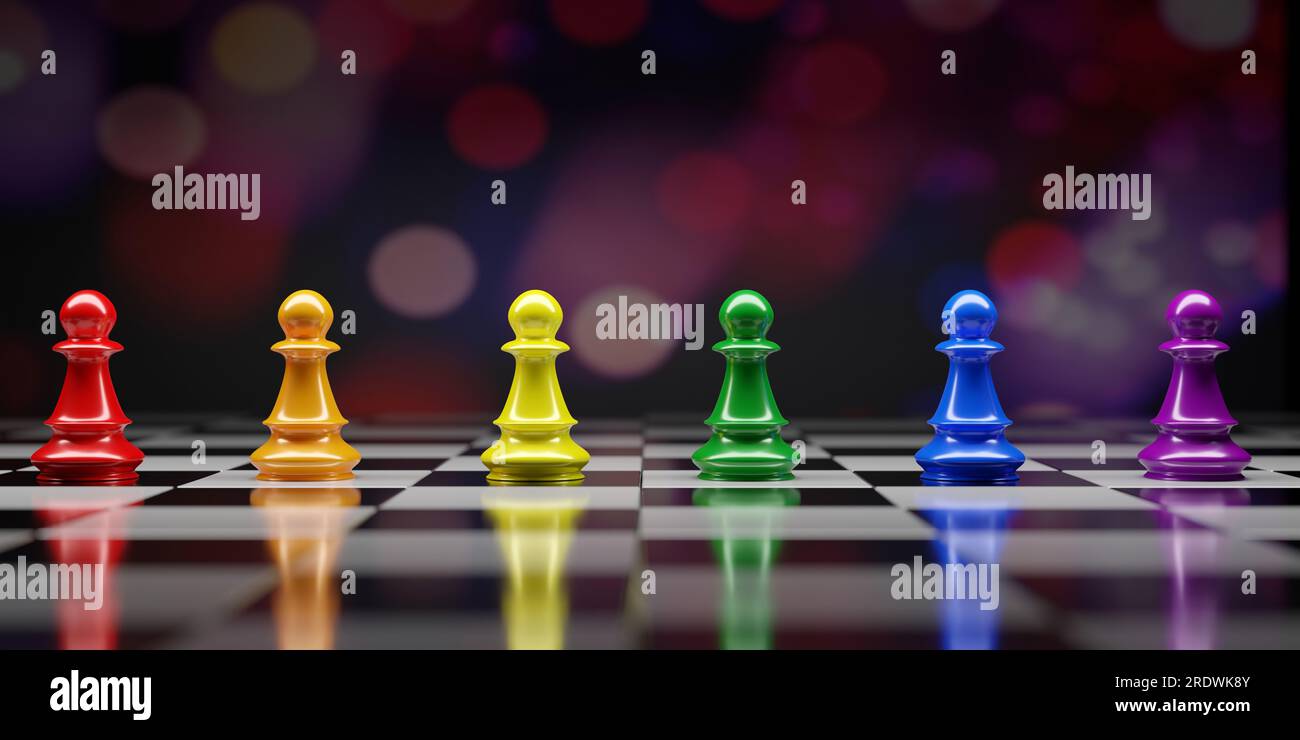 Rainbow color Chess pieces. Colorful chess pawns in a row on chessboard. 3d render Stock Photo