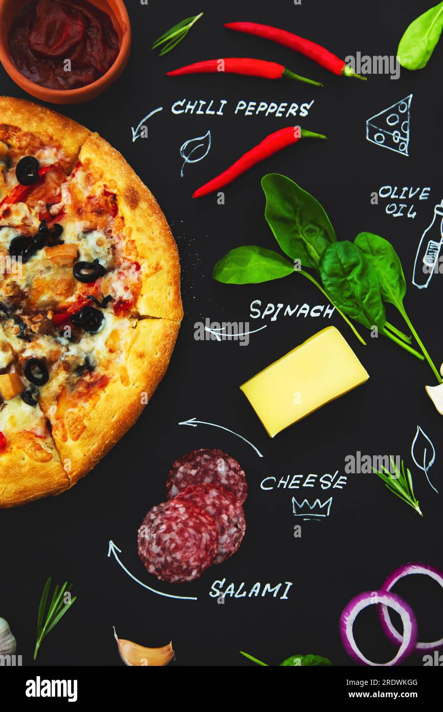 Pizza, ingredients and product names written in chalk on a black