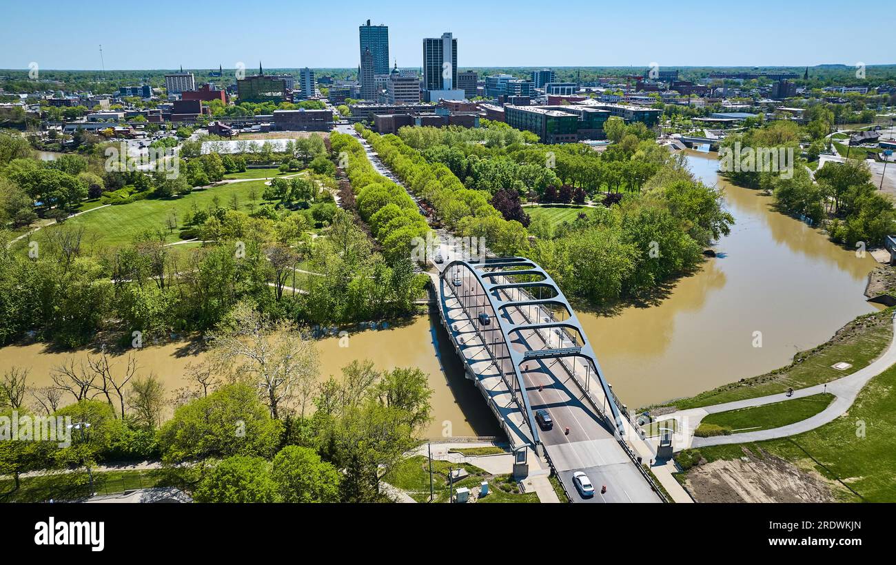 MLK bridge over Fort Wayne St. Marys River cityscape skyline aerial