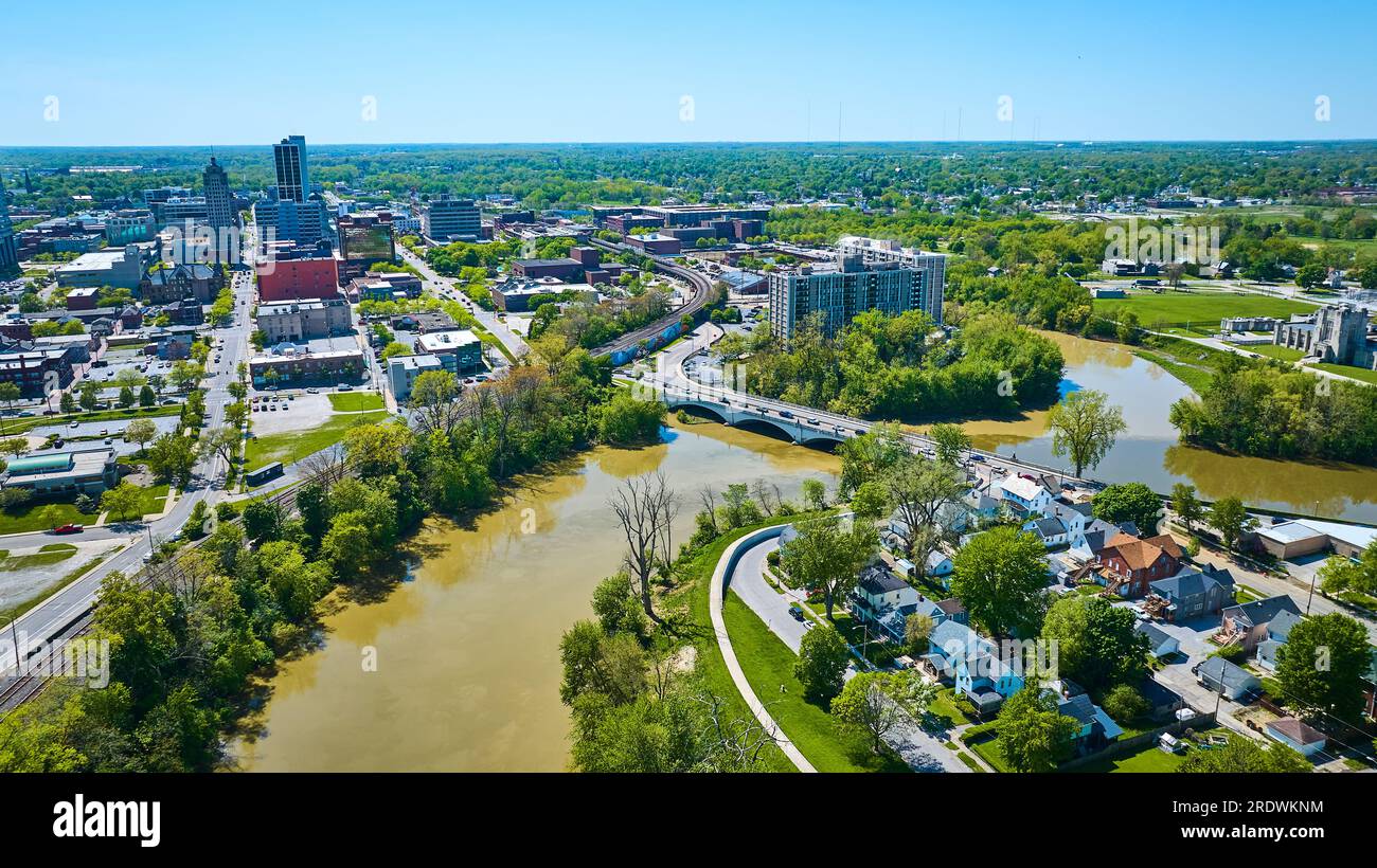 Three Rivers intersecting in Fort Wayne Indiana with houses, bridge ...