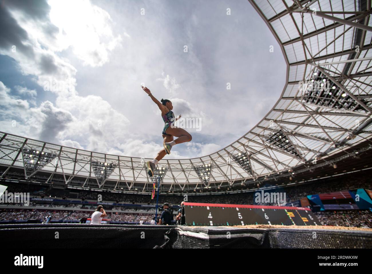London, UK. 23rd July, 2023. Jazmin Sawyers of Great Britain & NI competiing in the women's long jump at the Wanda Diamond League London Event, London Stadium on the 23rd July 2023. Photo by Gary Mitchell/Alamy Live News Stock Photo
