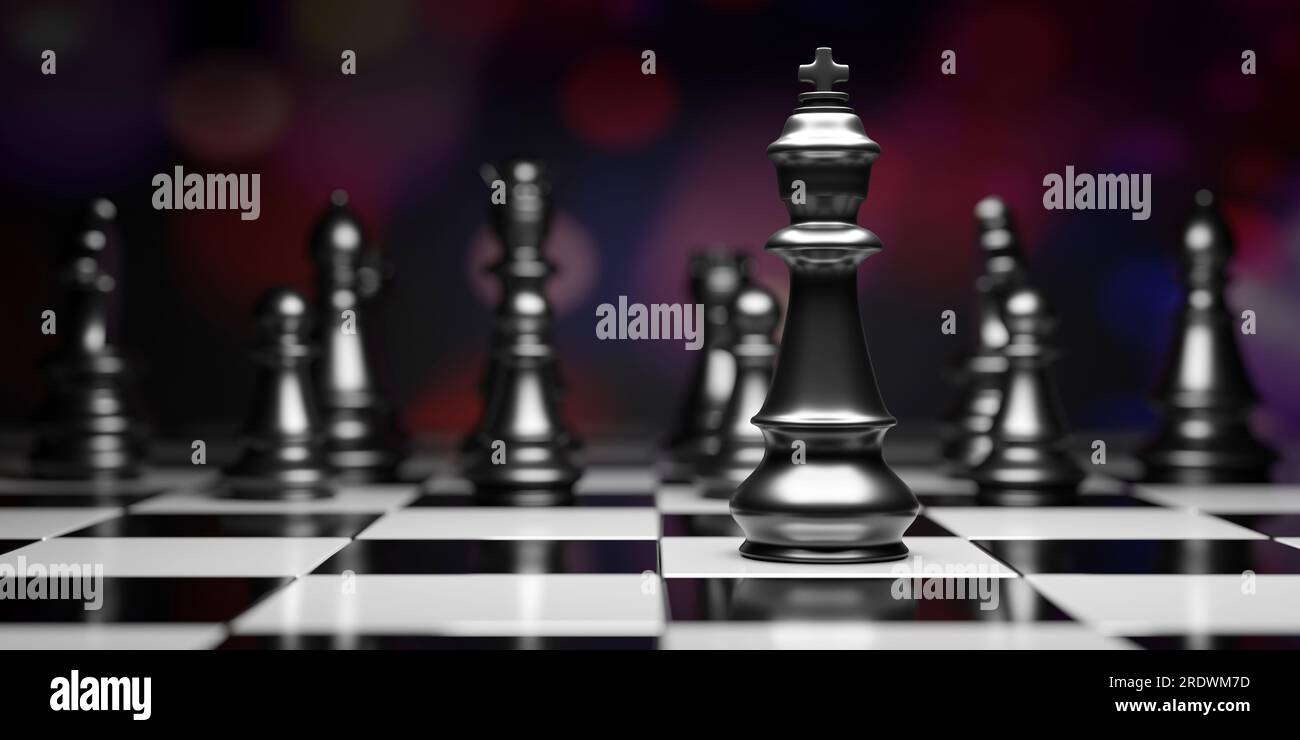 3d Rendering Of A Blurry Black King Chess Piece With Various Chess