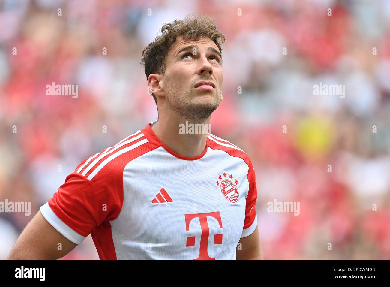 Leon GORETZKA (FC Bayern Munich), incredulous, skeptical, action, single image, cut single motif, portrait, portrait, portrait. Team presentation FC Bayern Munich season 2023/2024 on July 23, 2023 in the ALLIANZARENA, football 1. Bundesliga? Stock Photo