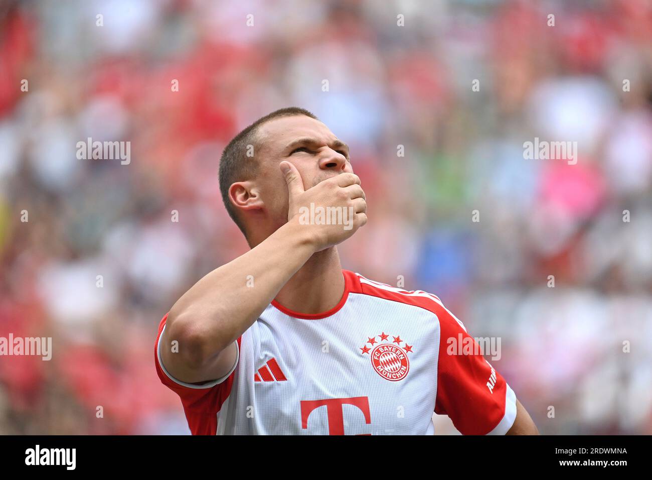 Joshua KIMMICH (FC Bayern Munich), incredulous, skeptical, action, single image, cut single motif, portrait, portrait, portrait. Team presentation FC Bayern Munich season 2023/2024 on July 23, 2023 in the ALLIANZARENA, football 1. Bundesliga? Stock Photo