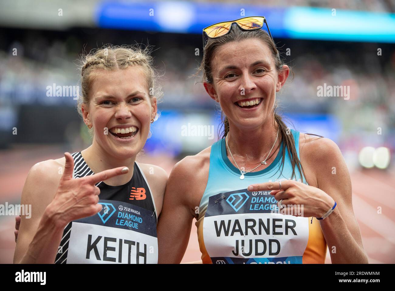 London, UK. 23rd July, 2023. Megan Keith and Jessica Warner-Judd of Great Britain & NI having a bit of fun after competiing in the women's 5000m at the Wanda Diamond League London Event, London Stadium on the 23rd July 2023. Photo by Gary Mitchell/Alamy Live News Stock Photo