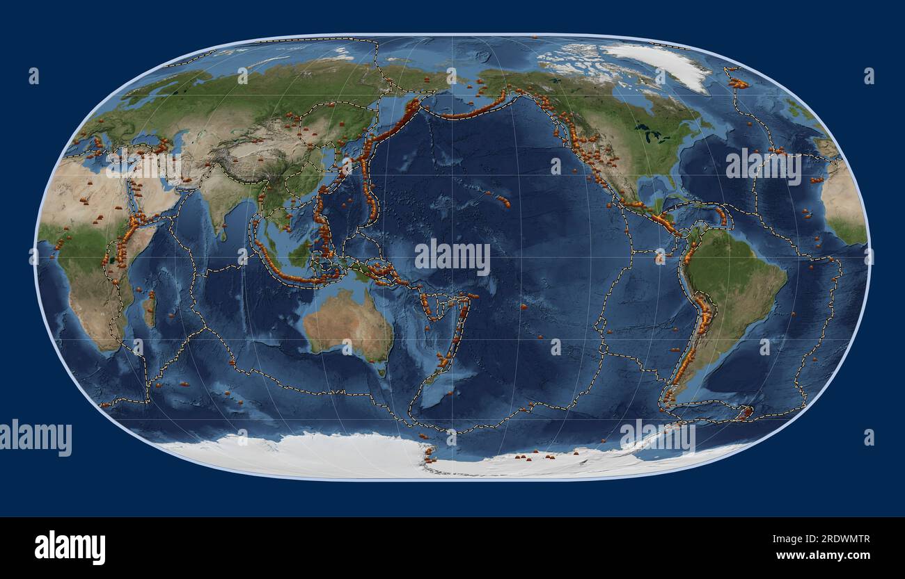 Distribution of known volcanoes on the world blue Marble satellite map ...