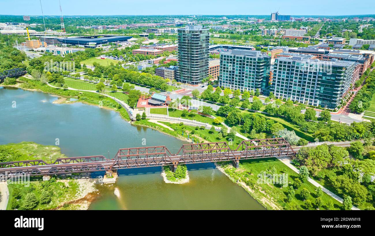 Aerial train bridge over river near downtown Columbus Ohio Stock Photo