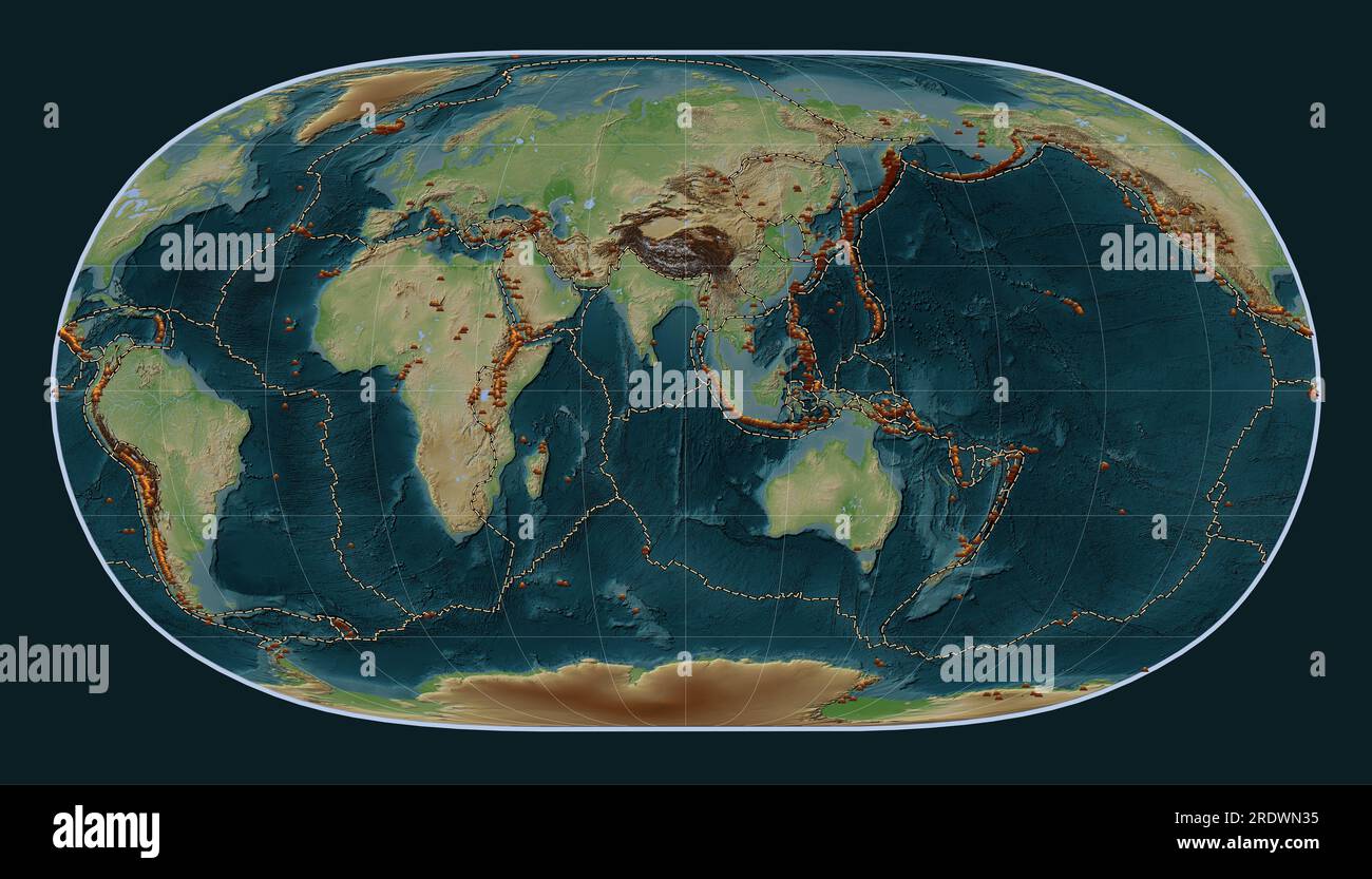 Distribution of known volcanoes on the world wikipedia style elevation ...