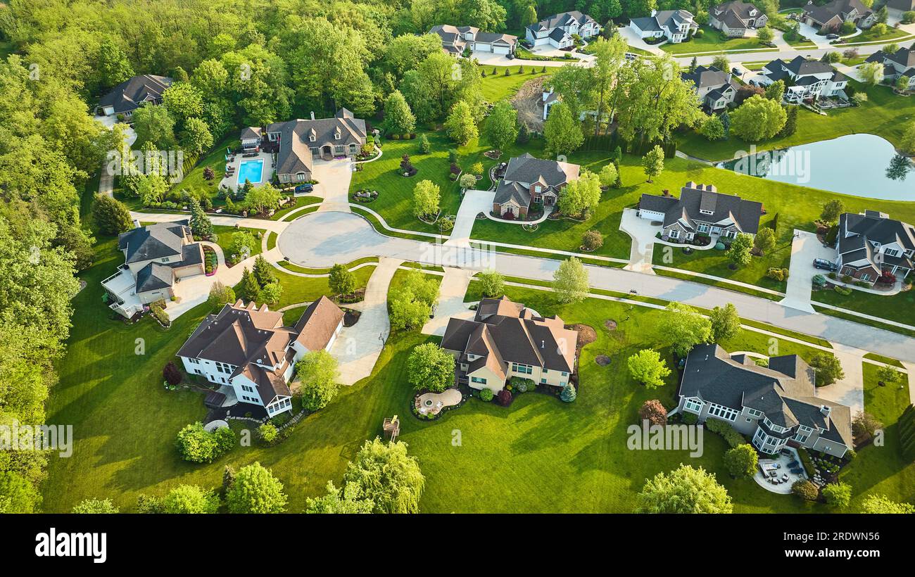 Rich mini mansion homes with pond green forest trees aerial Stock Photo