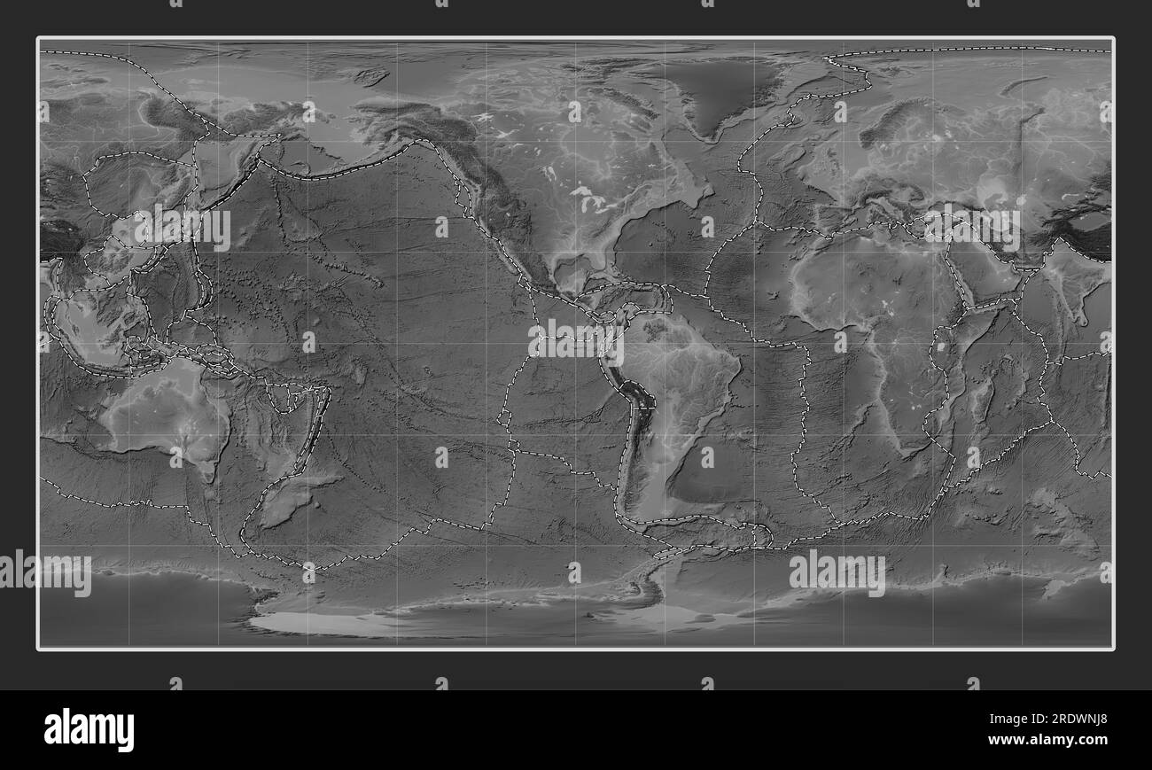 Tectonic plate boundaries on the world grayscale elevation map in the ...