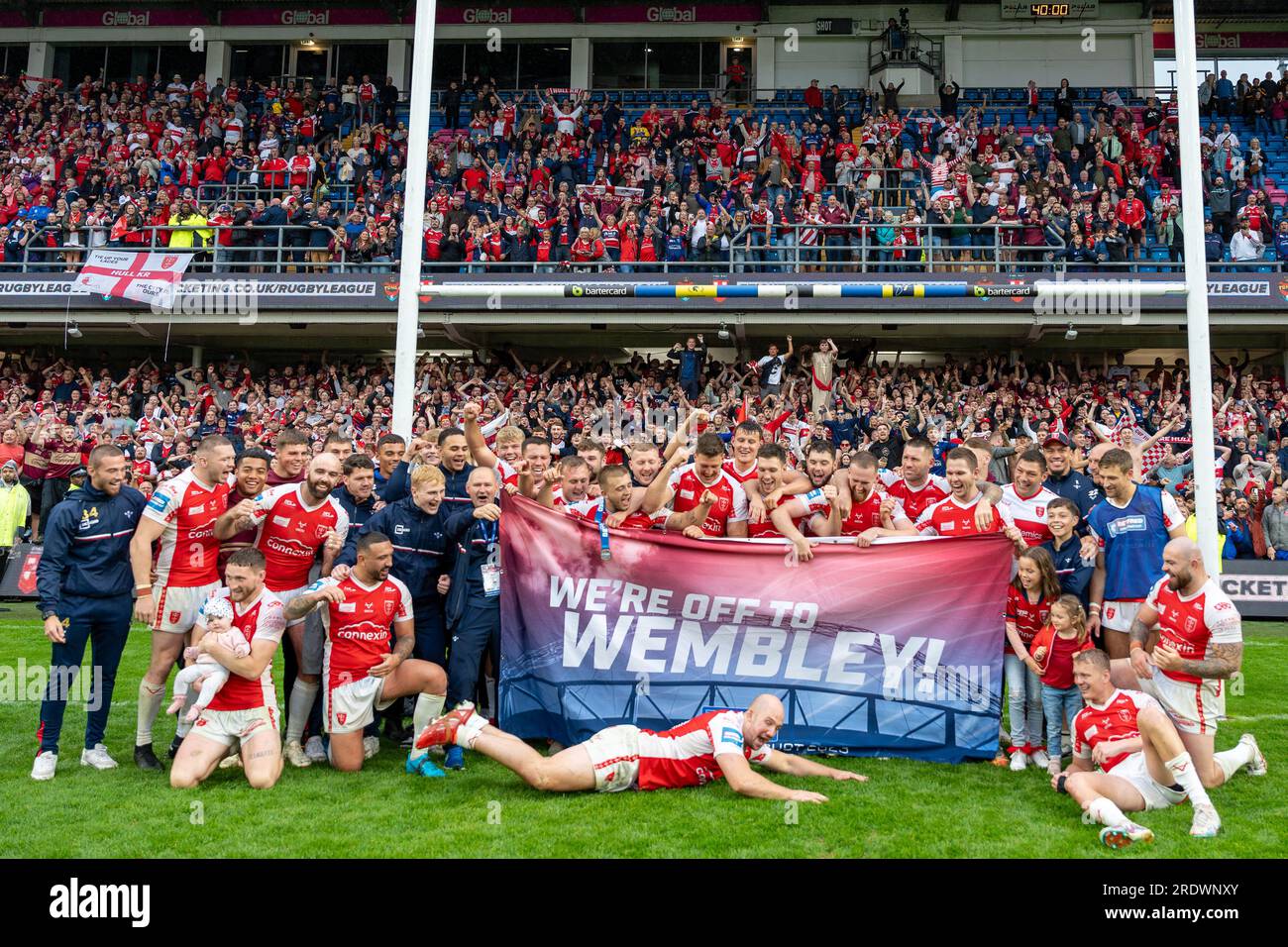 Leeds, UK. 23rd July 2023. Betfred Challenge Cup Semi Final: Hull KR v Wigan Warriors. Hull KR celebrate with their fans. Credit Paul Whitehurst/Alamy Live News Stock Photo