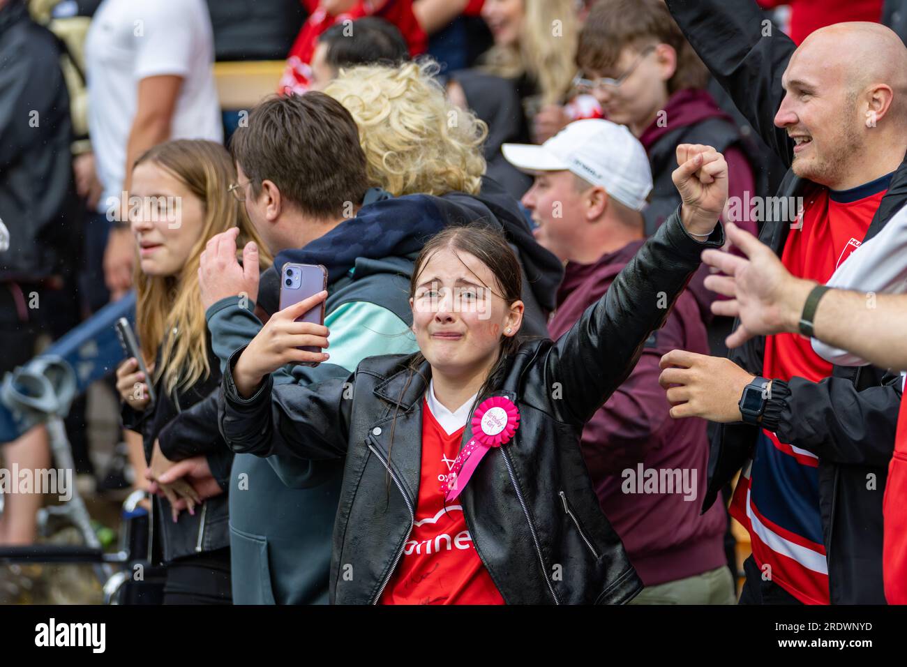Leeds, UK. 23rd July 2023. Betfred Challenge Cup Semi Final: Hull KR v Wigan Warriors. The emotion of one of the Hull KR fans. Credit Paul Whitehurst/Alamy Live News Stock Photo
