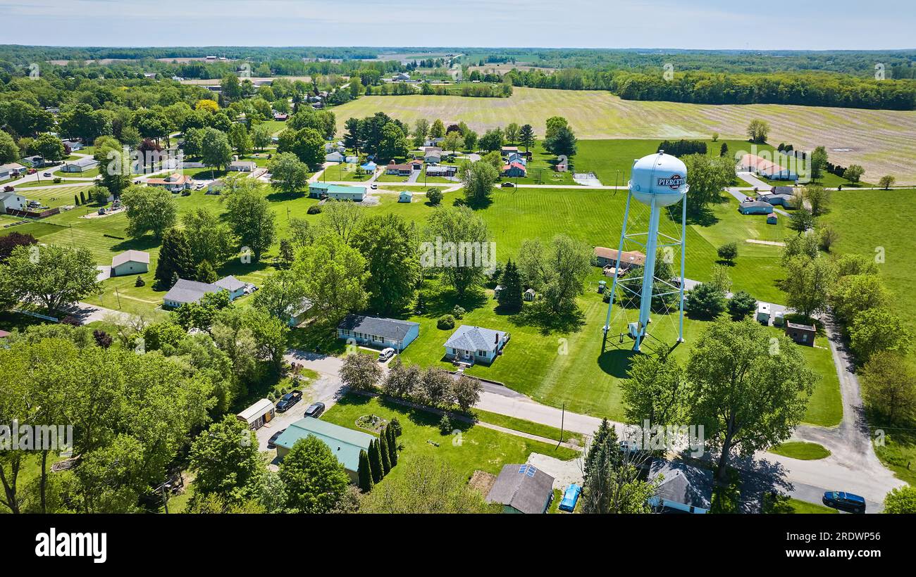 Rural houses, farms, farmland, aerial Pierceton Indiana water tower