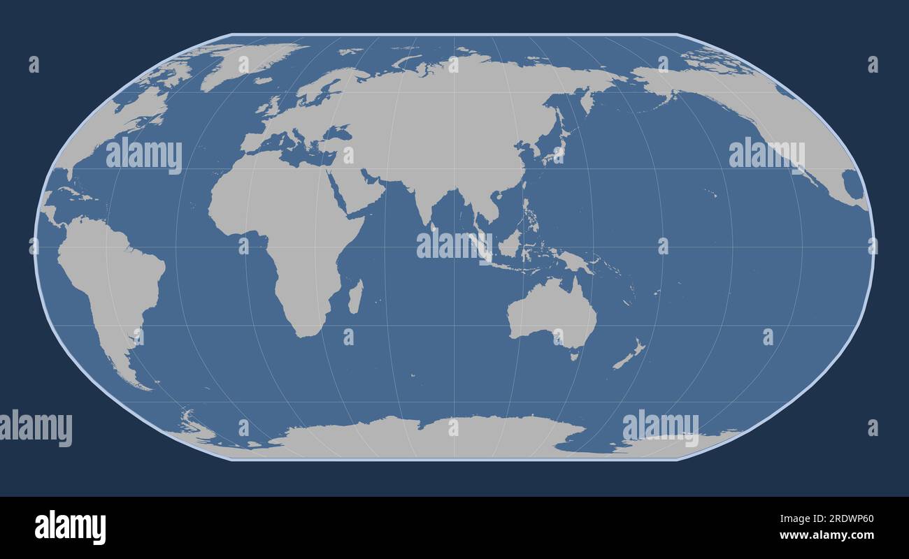 World solid contour map in the Robinson projection centered on the 90th ...