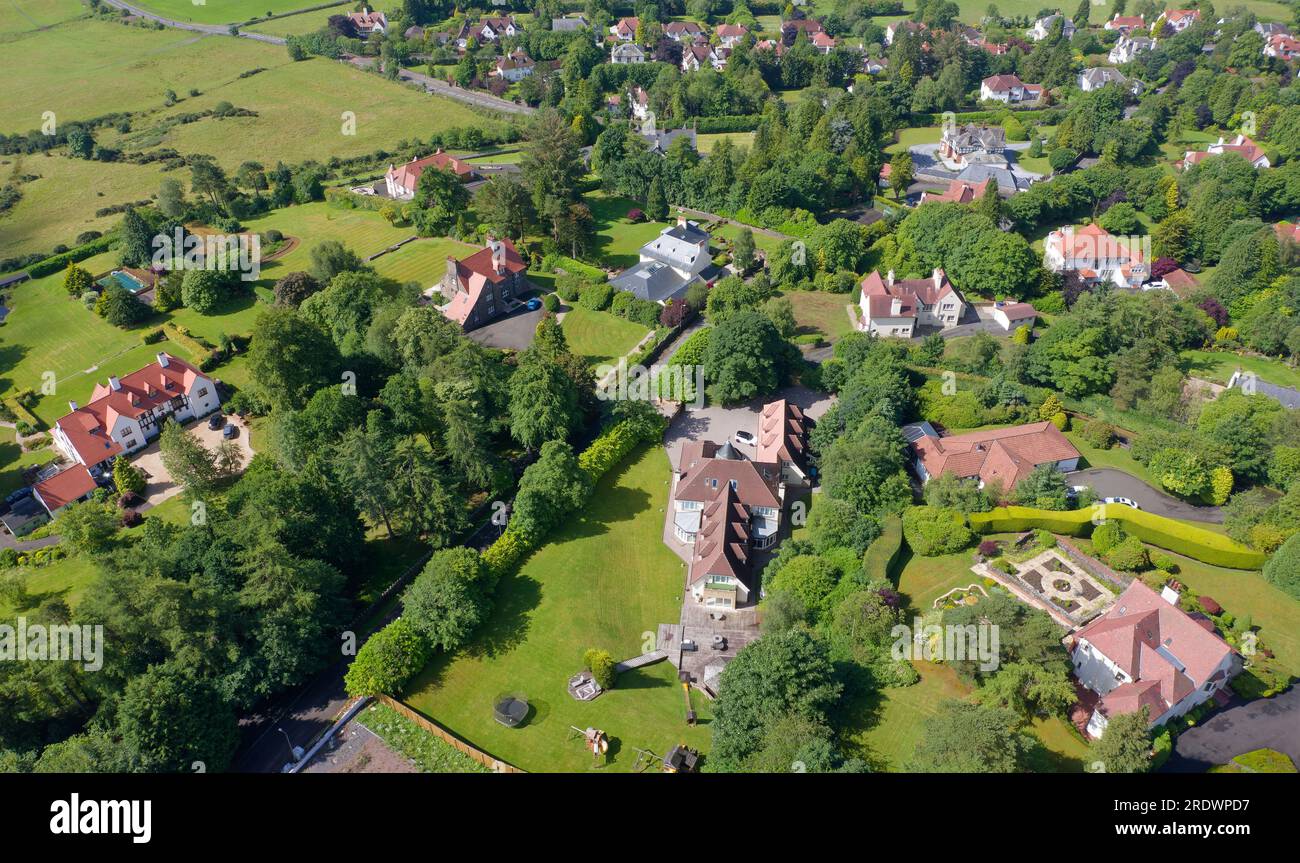 Luxury countryside rural village aerial view from above in Kilmacolm