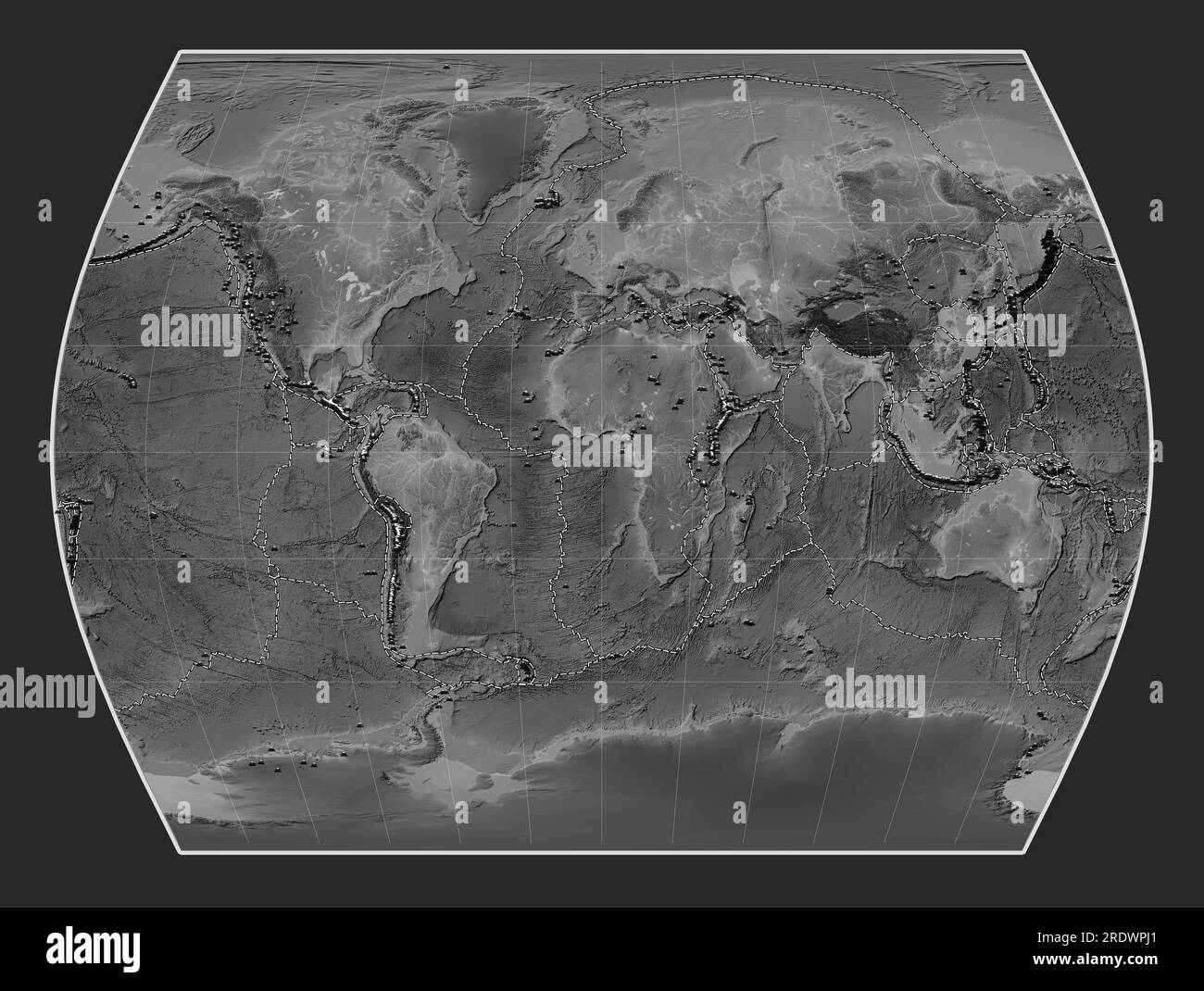 Distribution of known volcanoes on the world grayscale elevation map in ...