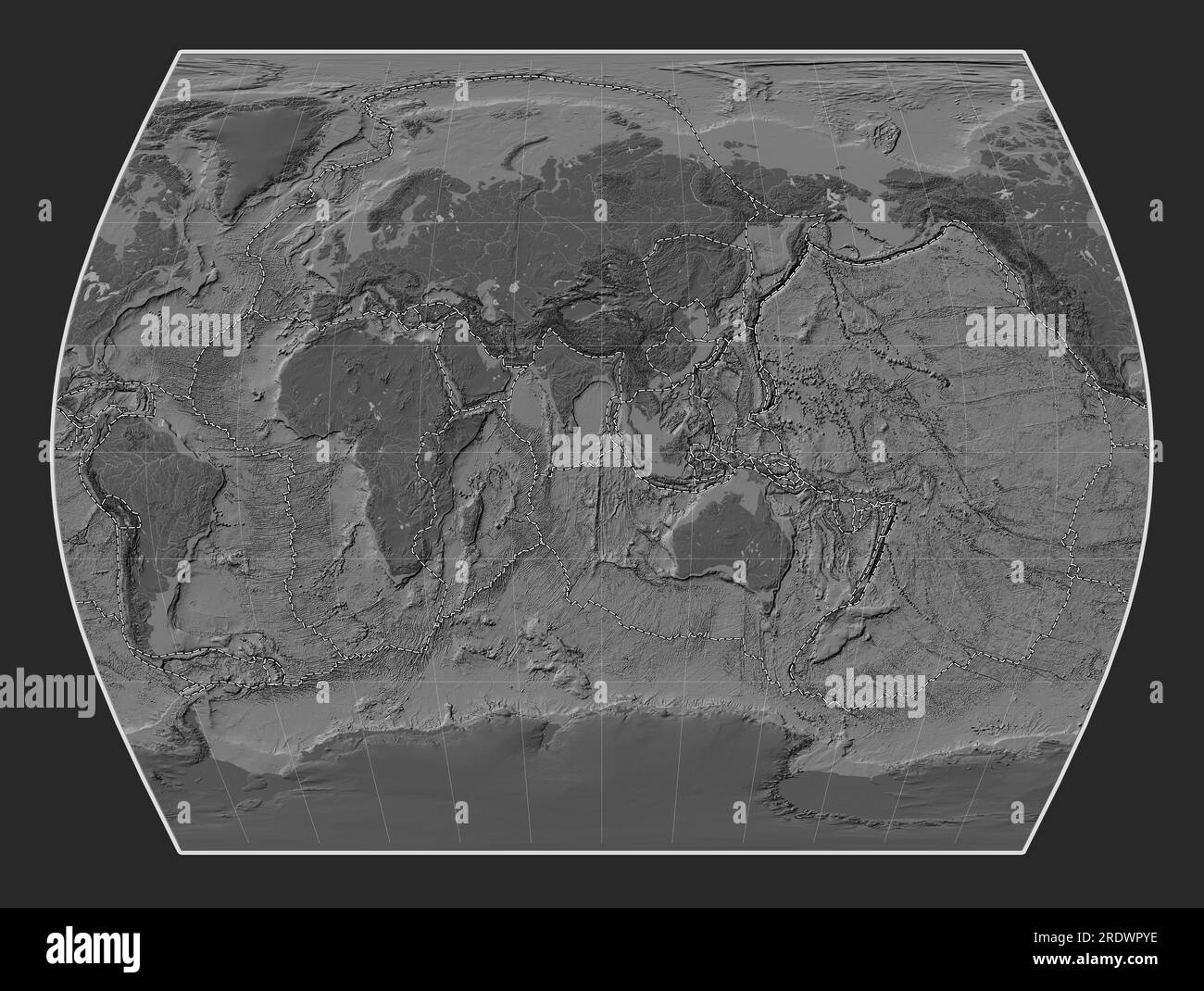 Tectonic plate boundaries on the world bilevel elevation map in the