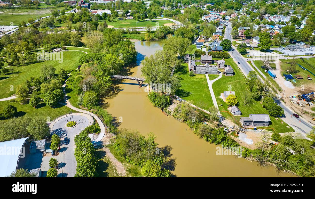 St. Marys River near old fort at Fort Wayne Headwaters Park aerial with ...