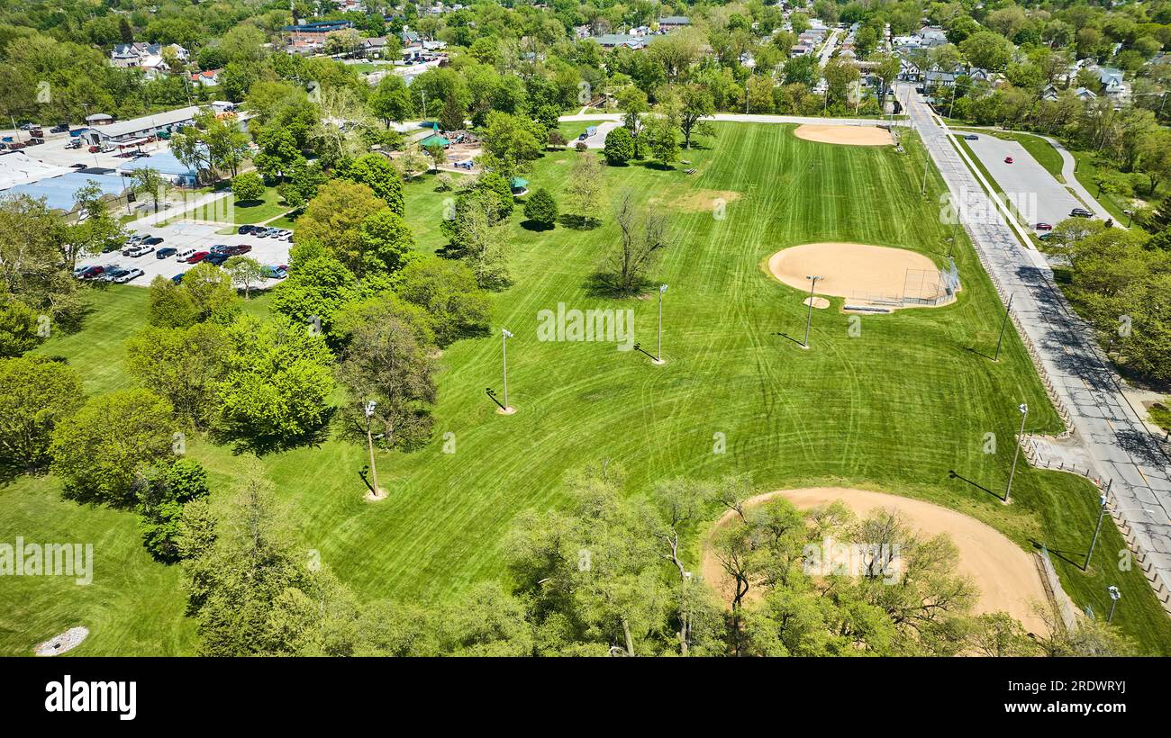 Park baseball kickball fields kids playground aerial mown fields with